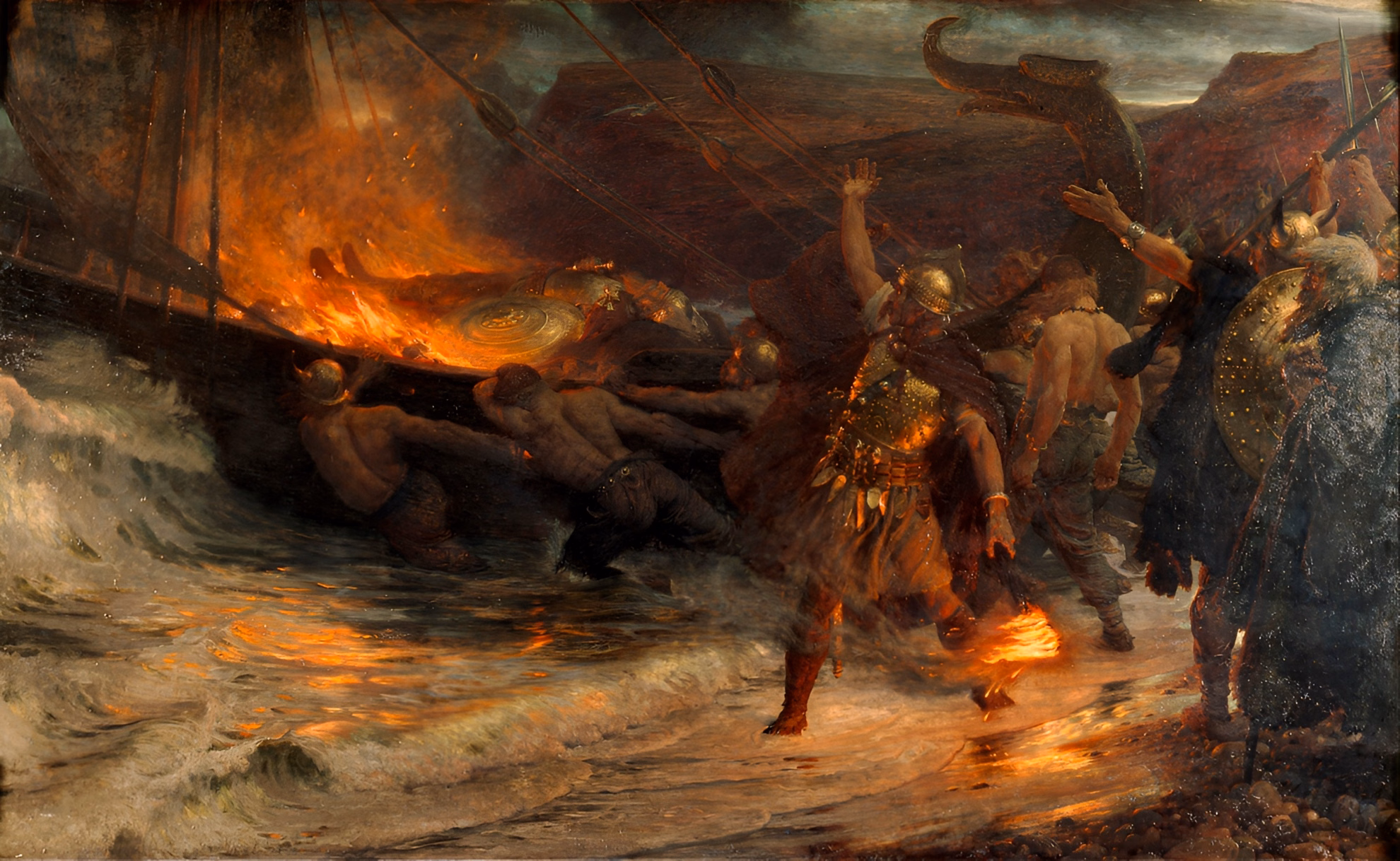 ‘Scandinavian Metal Attack’ Gave Thor to Bathory First Painting ‘The Funeral of a Viking’ by Frank Dicksee. Warriors push a burning longship into the surf as a helmeted chief raises his arm.