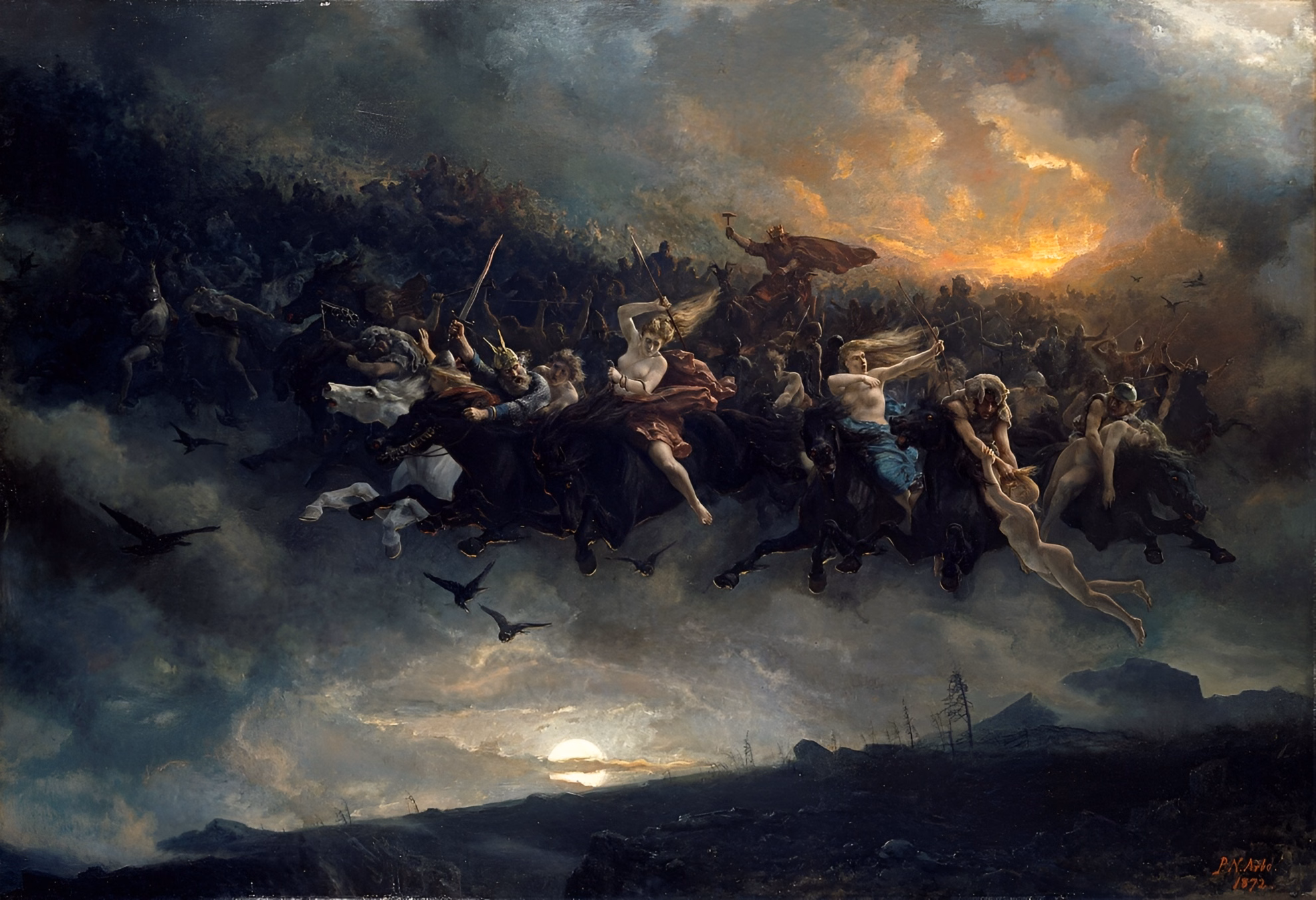 ‘Scandinavian Metal Attack’ Gave Thor to Bathory First Painting ‘Åsgårdsreien’ by Peter Nicolai Arbo. Odin leads a wild hunt of riders and Valkyries across a storm sky above a moonlit moor.