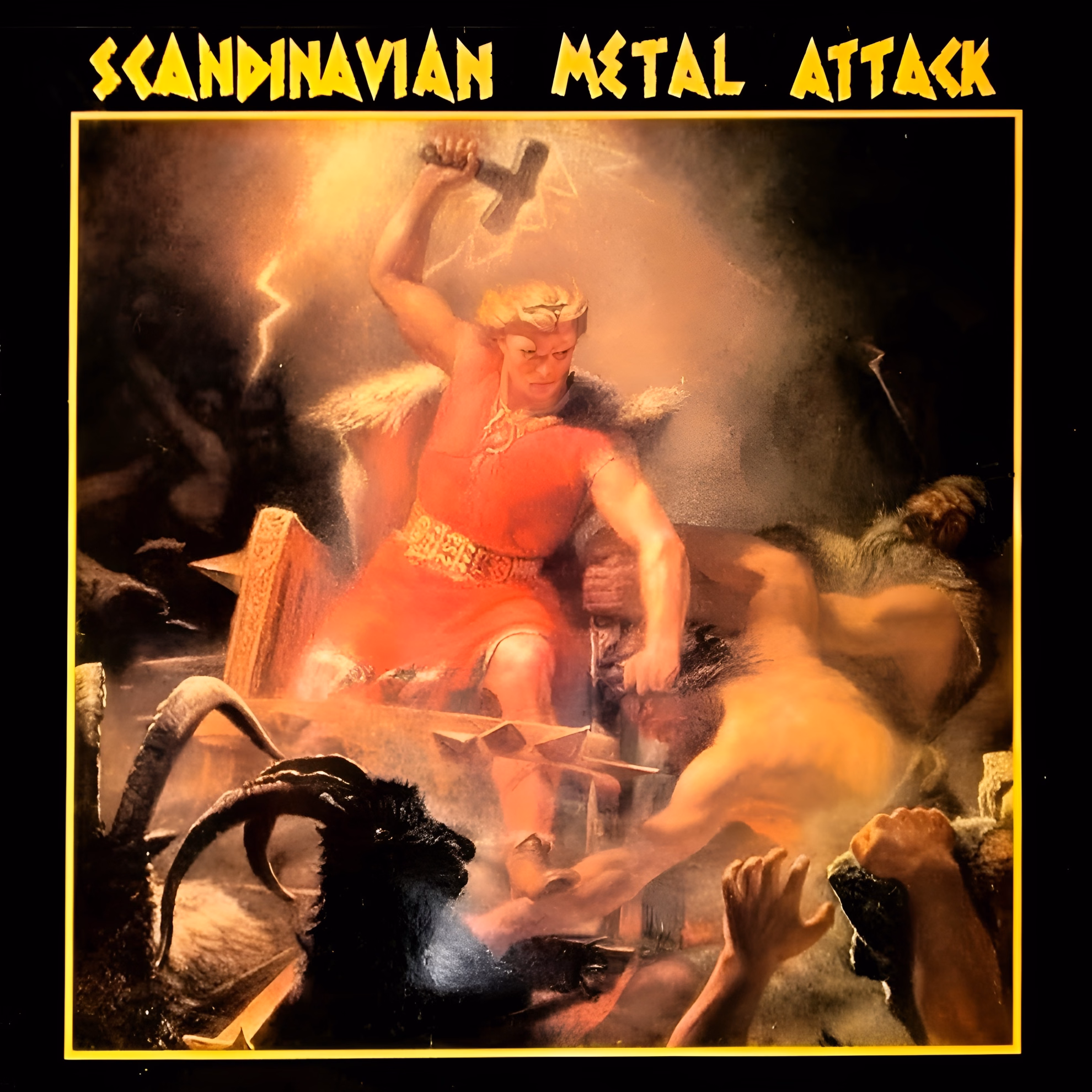 ‘Scandinavian Metal Attack’ Gave Thor to Bathory First Album cover of ‘Scandinavian Metal Attack’ by various artists. Winge’s Thor raises his hammer from a goat-drawn chariot under a yellow title.