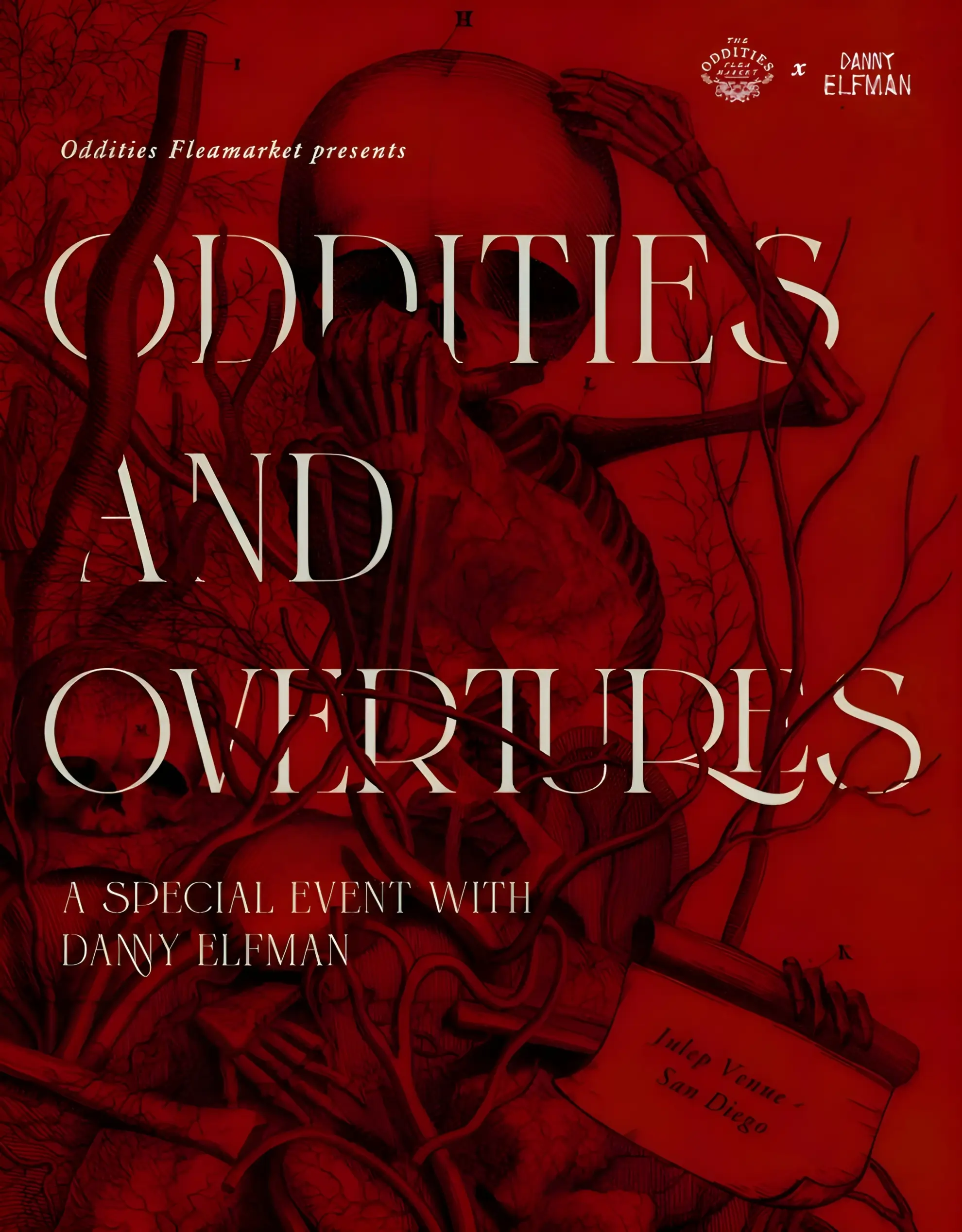 Poster for Oddities and Overtures with Danny Elfman, featuring a red anatomical illustration and San Diego event details.