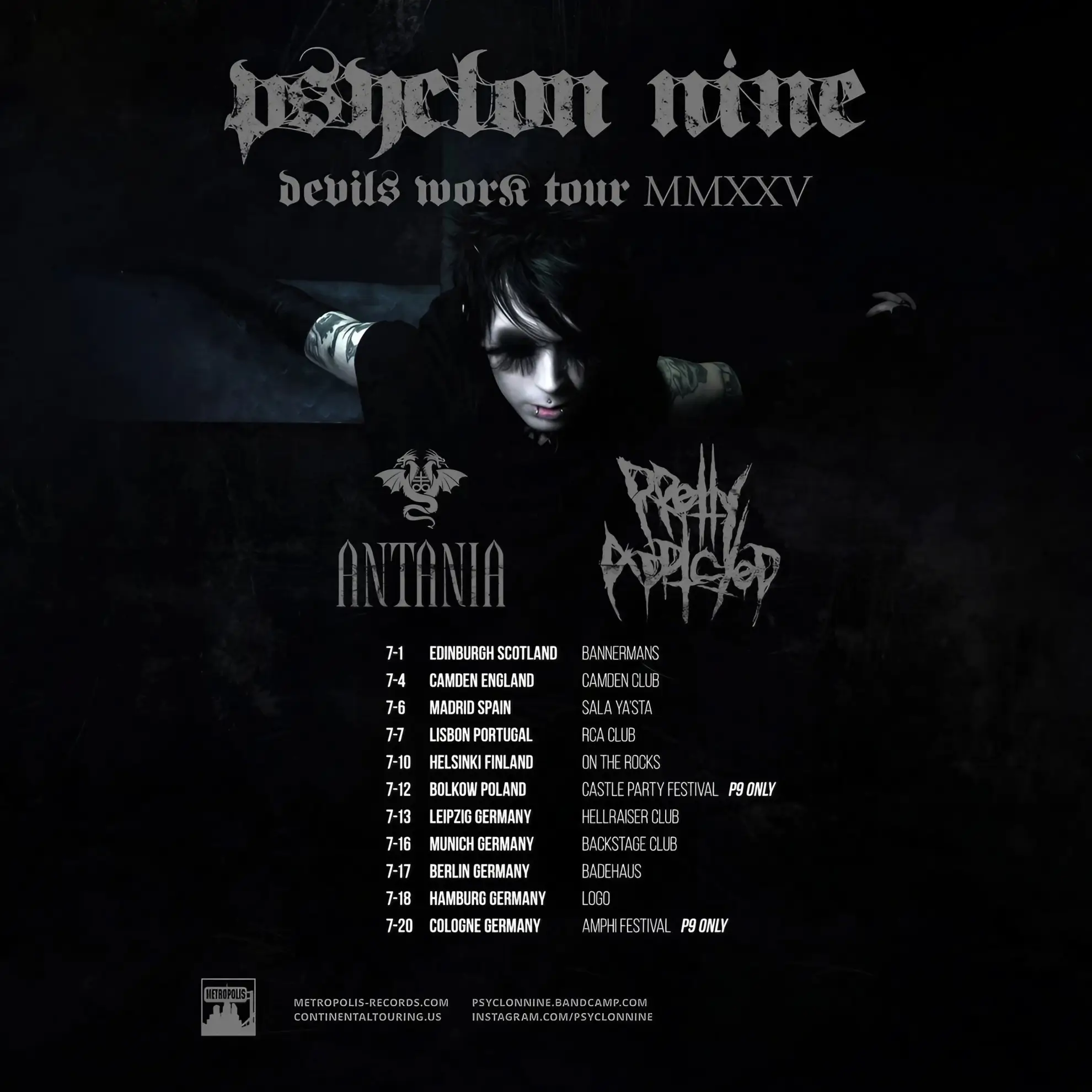 Promotional artwork for Psyclon Nine’s Devils Work Tour MMXXV, marking the band’s long-awaited return to Europe with performances across ten cities and appearances at Castle Party and Amphi Festival.