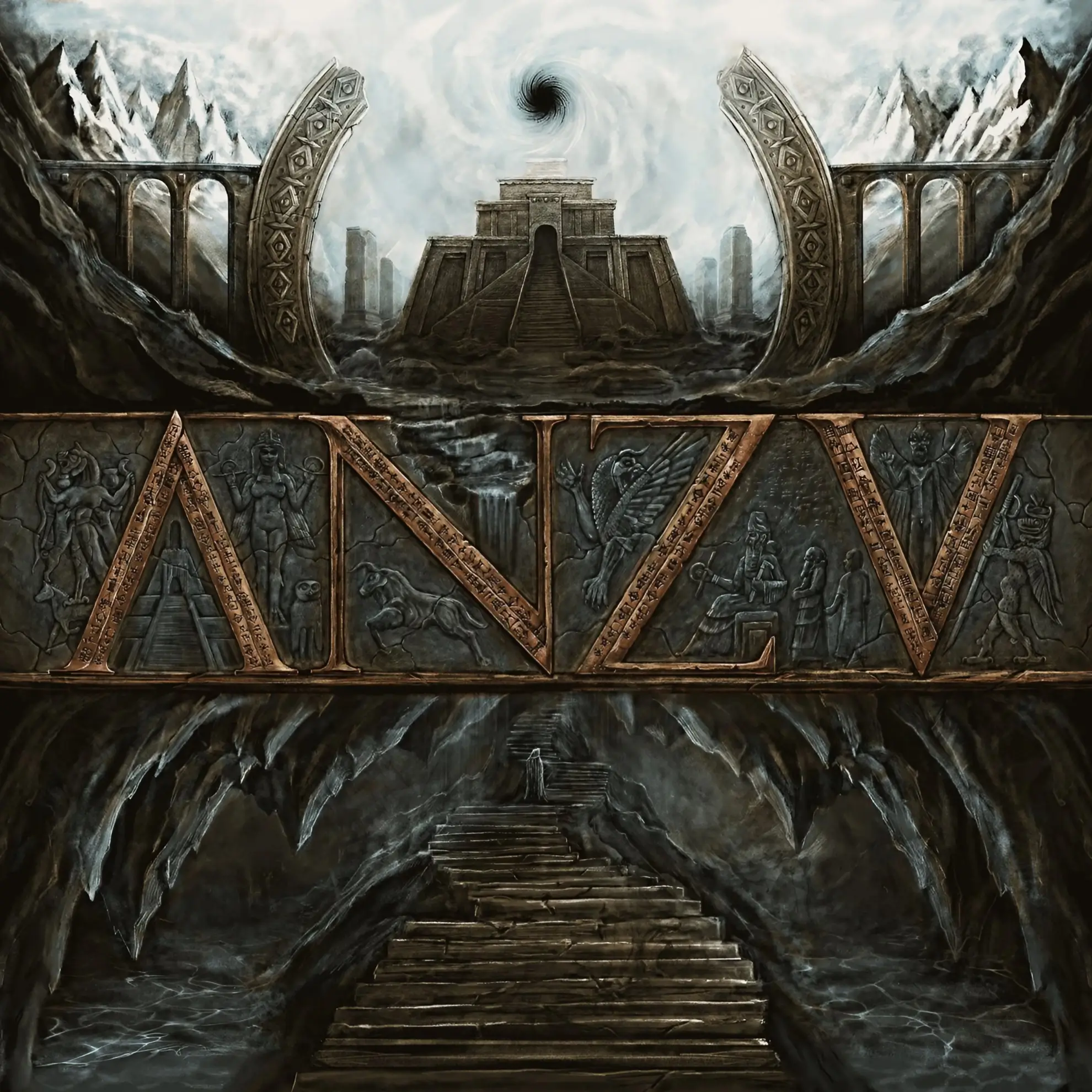 Illustrated cover of ANZV’s album ‘KUR,’ featuring Sumerian motifs, a ziggurat, and cave descent imagery.
