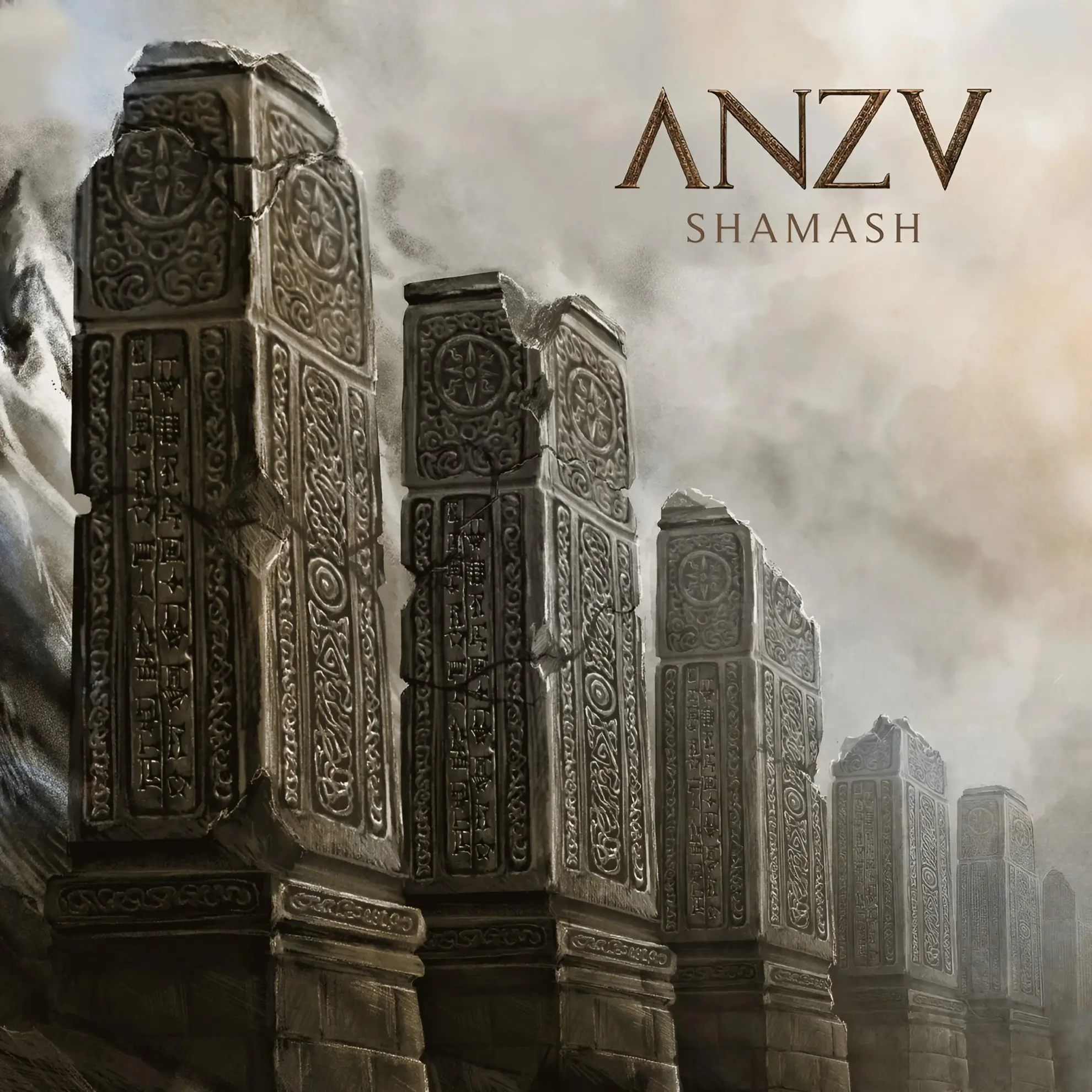Stone pillars with engraved Mesopotamian-style symbols rise in mist beneath the title ‘ANZV – Shamash.’