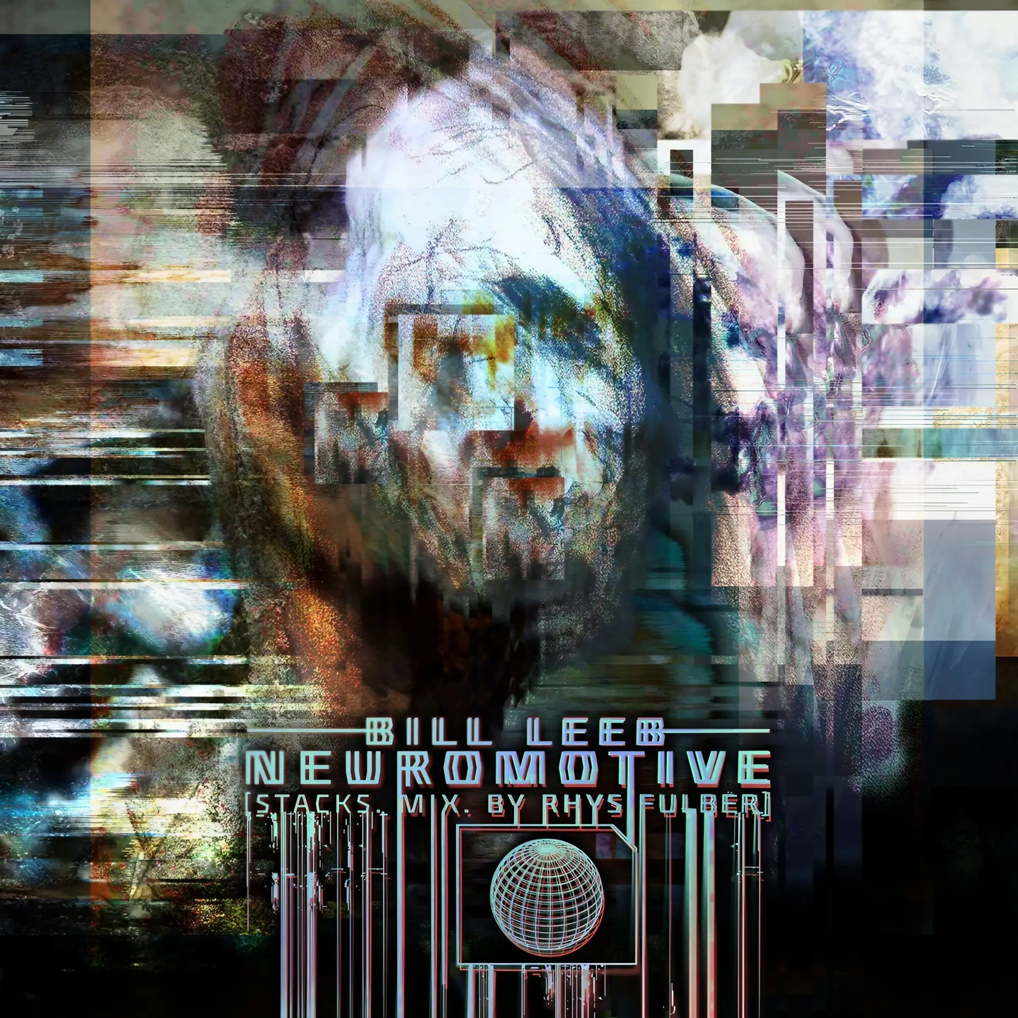 Glitched digital artwork of a distorted humanoid face on the cover of Bill Leeb’s single ‘Neuromotive.’