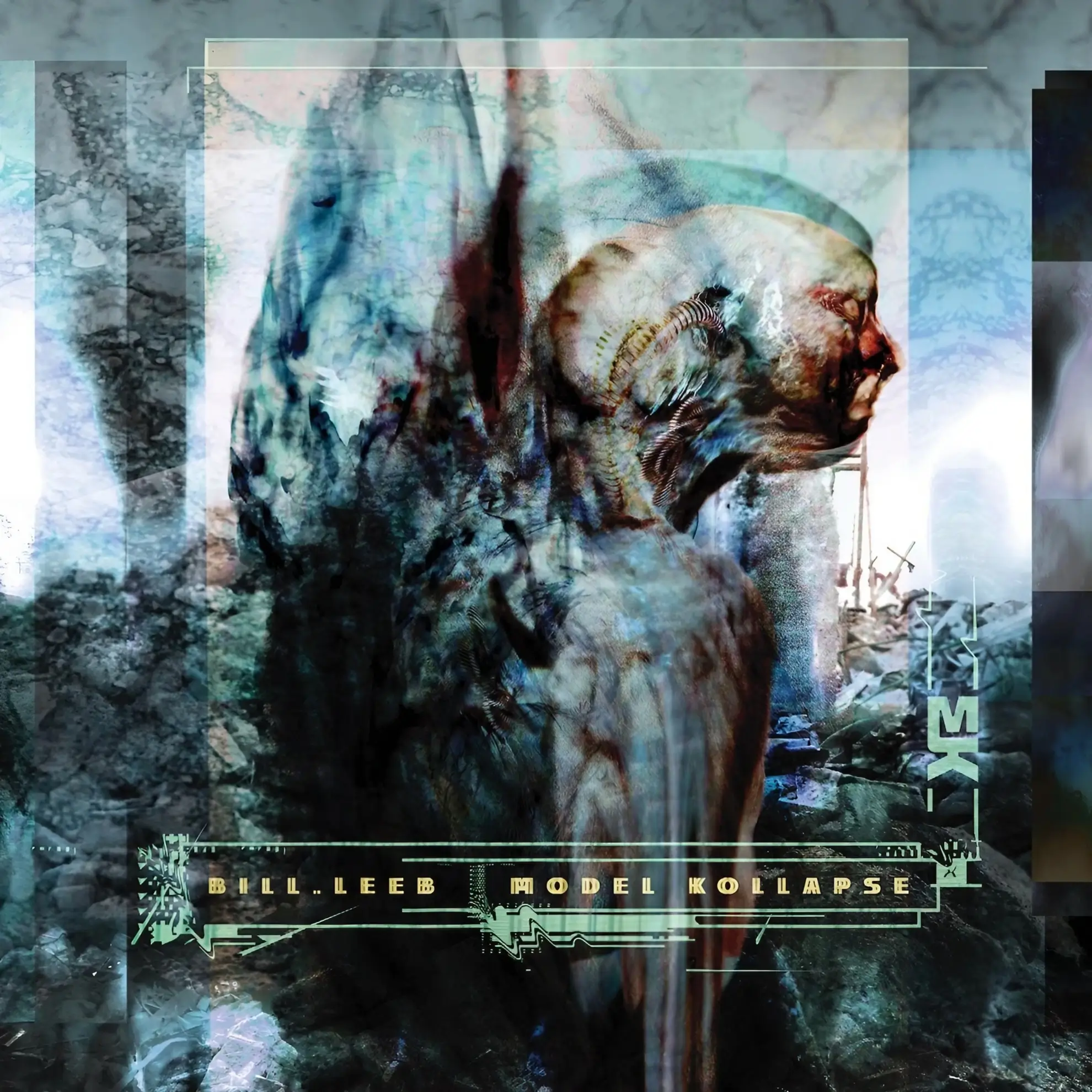 Abstract humanoid figure in a distorted, post-apocalyptic setting on the cover of Bill Leeb’s album ‘Model Kollapse.’