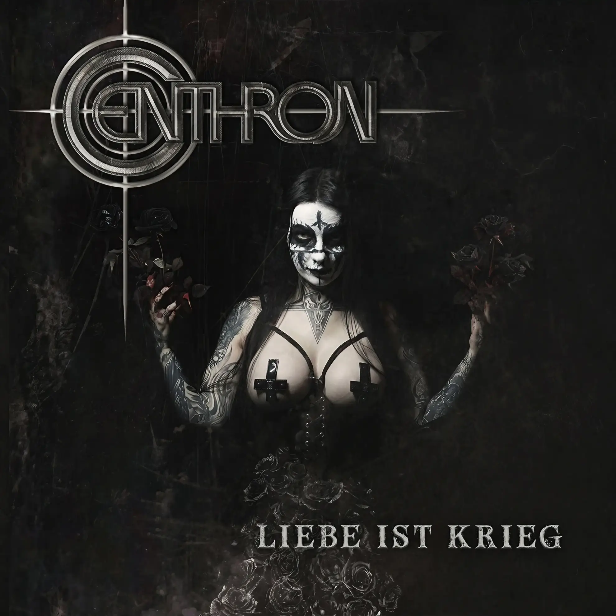 Cover of Centhron’s album ‘Liebe ist Krieg,’ showing a woman with skeletal face paint holding black roses, with the band’s logo above and title below.