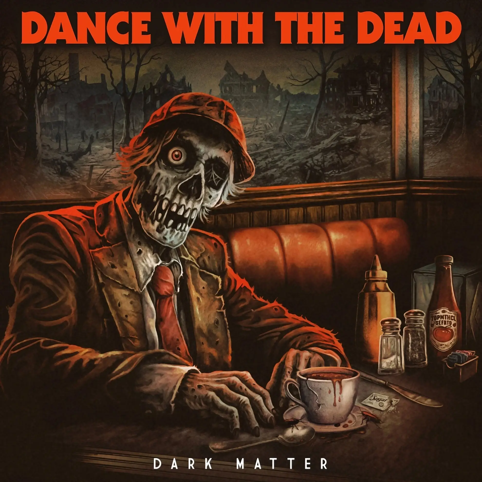 Skeleton in a suit and hat sits at a diner booth with a bloody coffee cup, against a backdrop of ruined buildings.