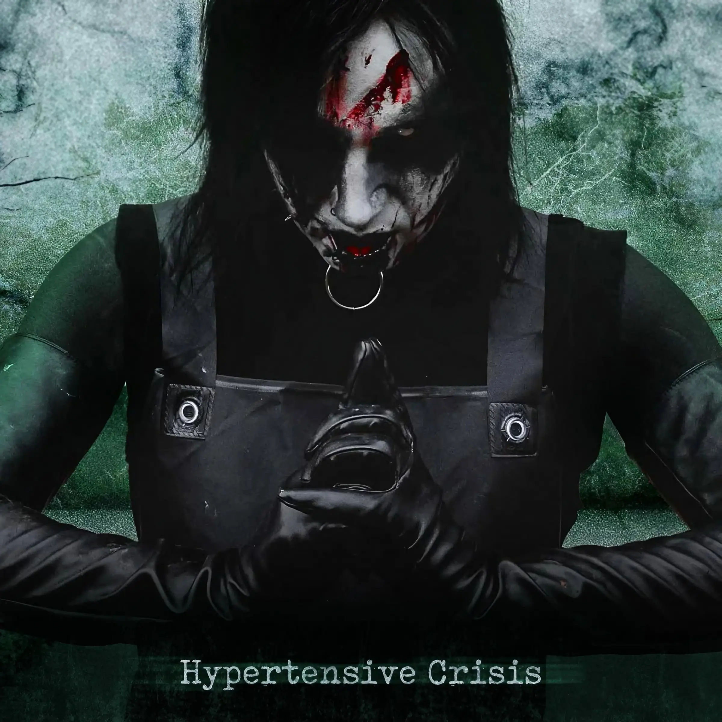 Cover of Dawn of Ashes’ single ‘Hypertensive Crisis’ showing Kristof Bathory in dark attire with bloodied face and clasped hands.