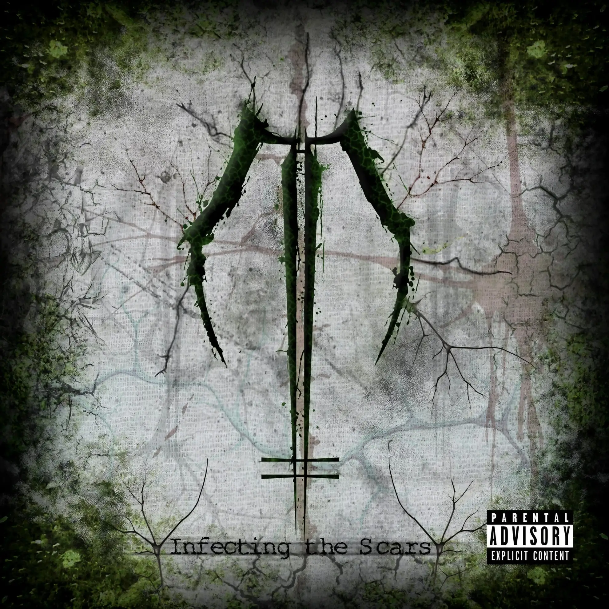 Cover of Dawn of Ashes’ album ‘Infecting the Scars’ featuring a green, claw-like symbol on a cracked, textured background.