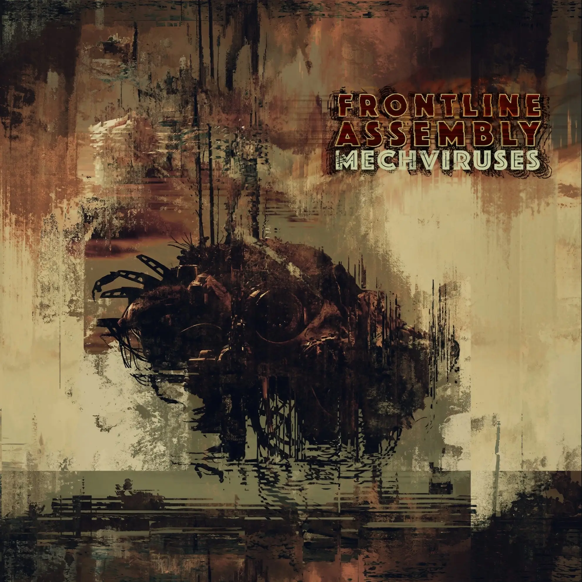 Cover art for Front Line Assembly’s album ‘Mechviruses,’ featuring abstract mechanical imagery in dark, textured tones.