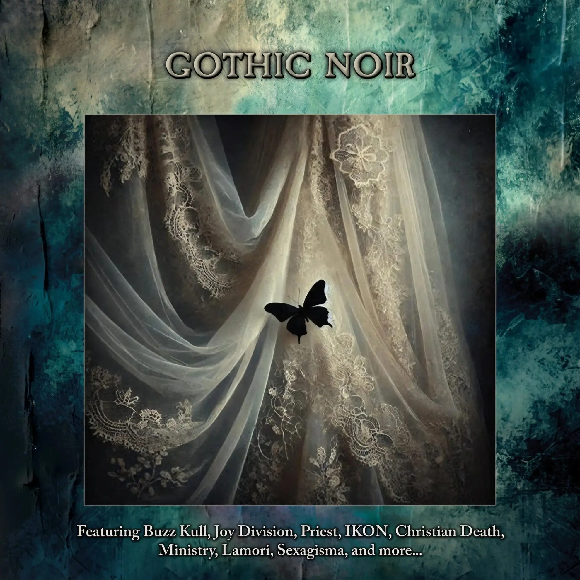 Sheer lace curtains with floral patterns and a black butterfly at center, set against a dark textured teal background.