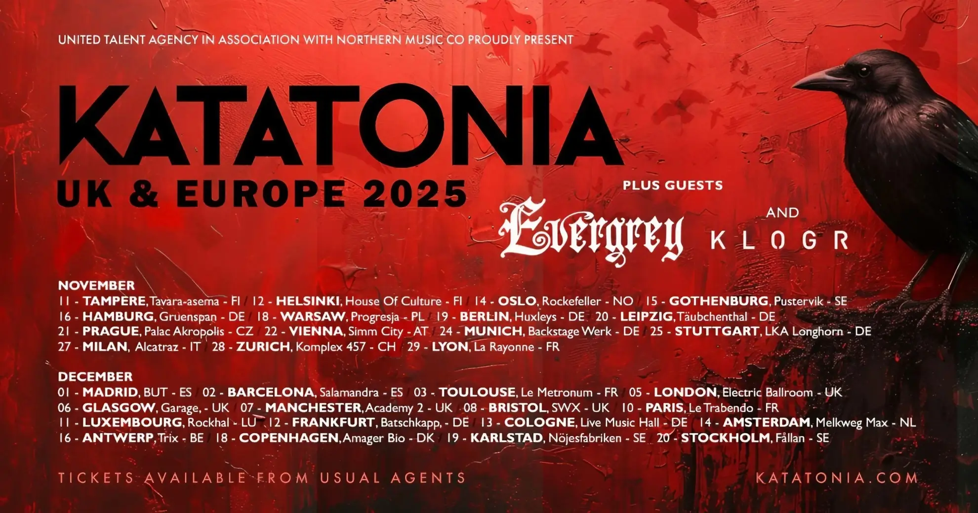 Tour poster for Katatonia’s UK and Europe 2025 tour with dates, cities, venues, and guests Evergrey and Klogr on a red background.