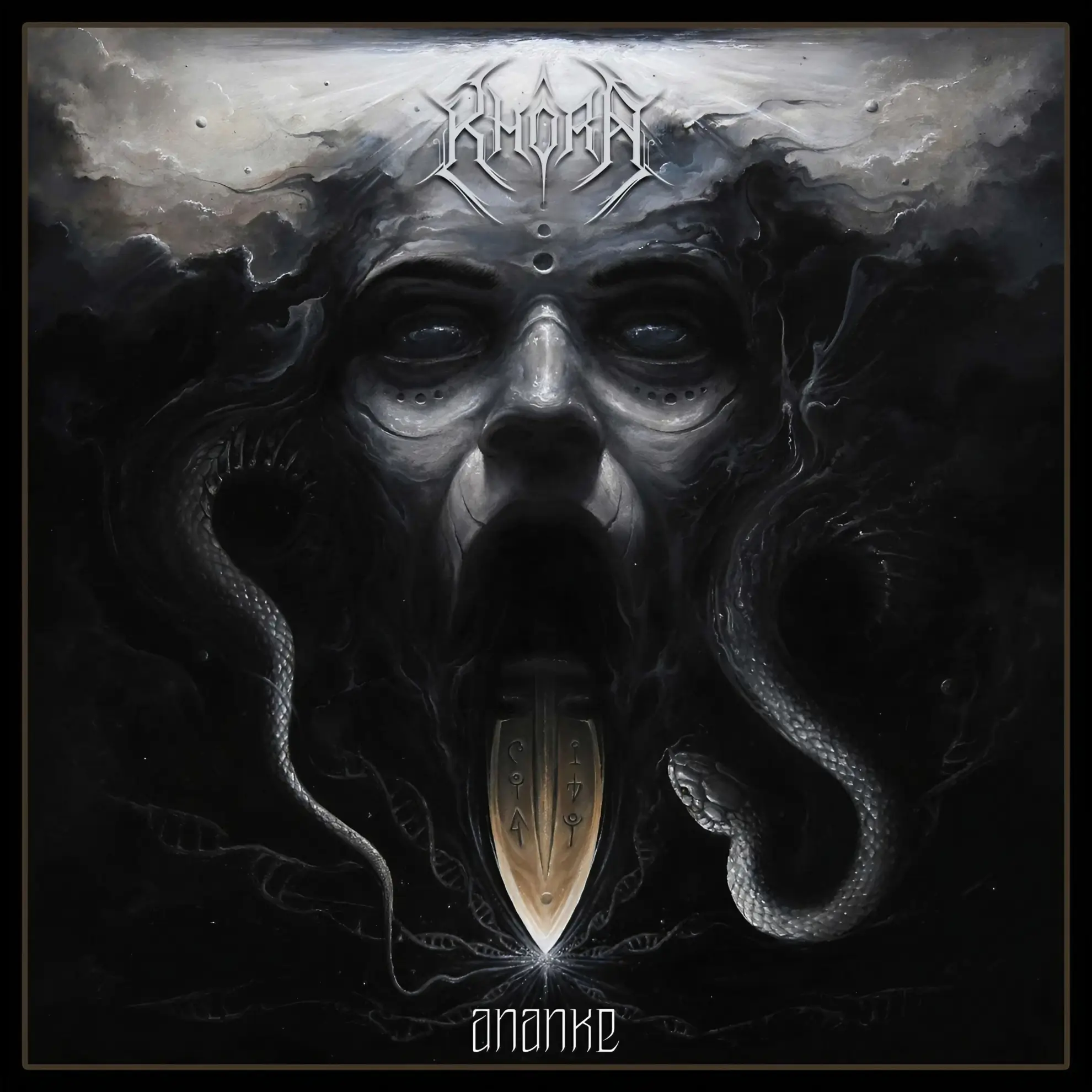 Cover art for Khôra’s album ‘Ananke,’ depicting a crowned figure with serpents and a glowing blade emerging from darkness.