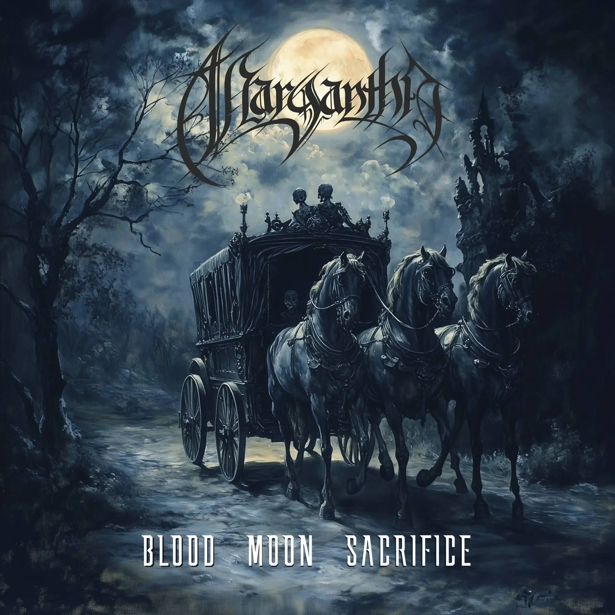 Illustrated cover shows a gothic hearse led by three horses under a full moon, with skeletal figures and dark forest scenery.