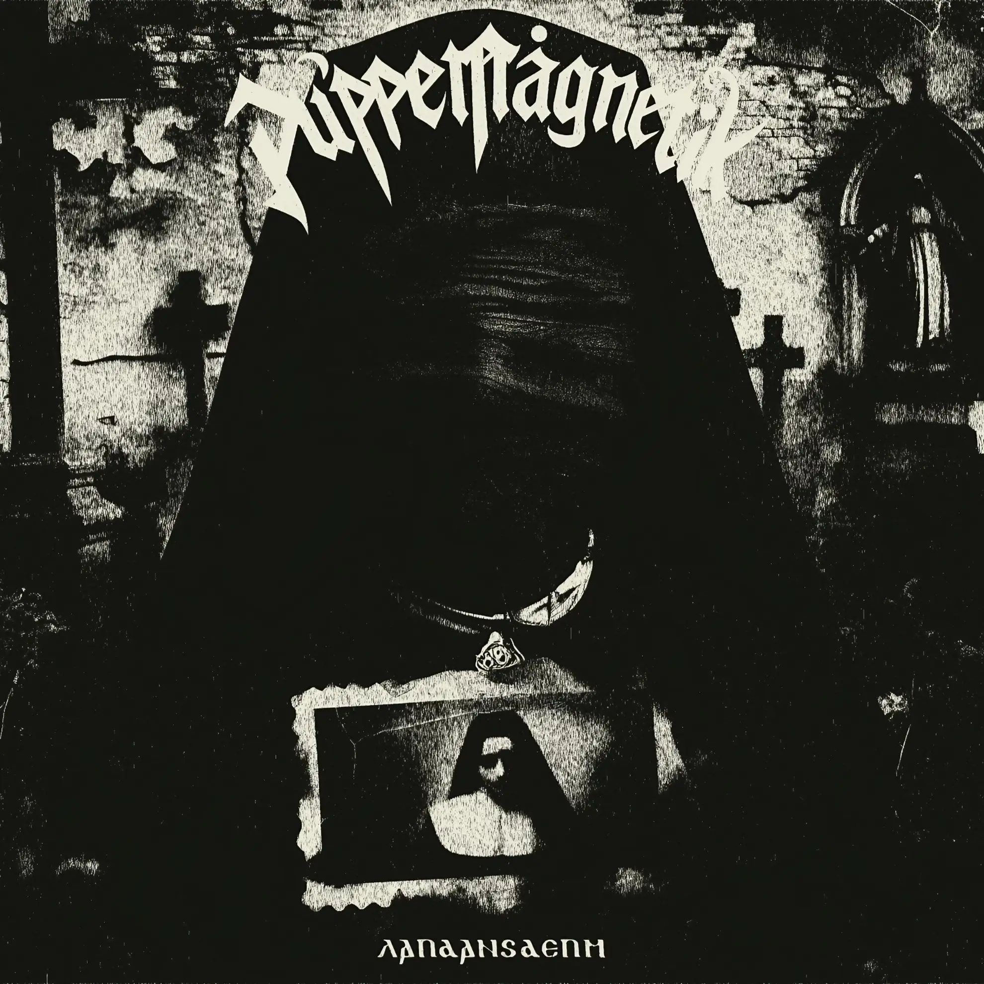Gothic album cover for Puppe Magnetik’s ‘Laudans Deum’ featuring a veiled figure amid stone crosses and ruins.