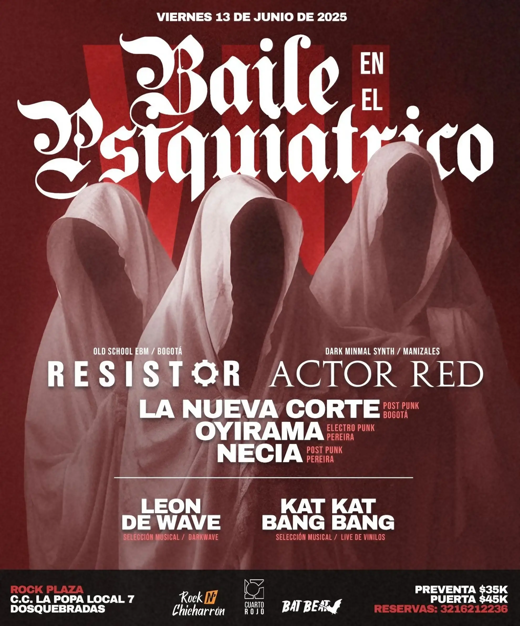 Promotional poster for Baile en el Psiquiátrico 2025 featuring Resistor, Actor Red, and other Colombian post-punk acts.