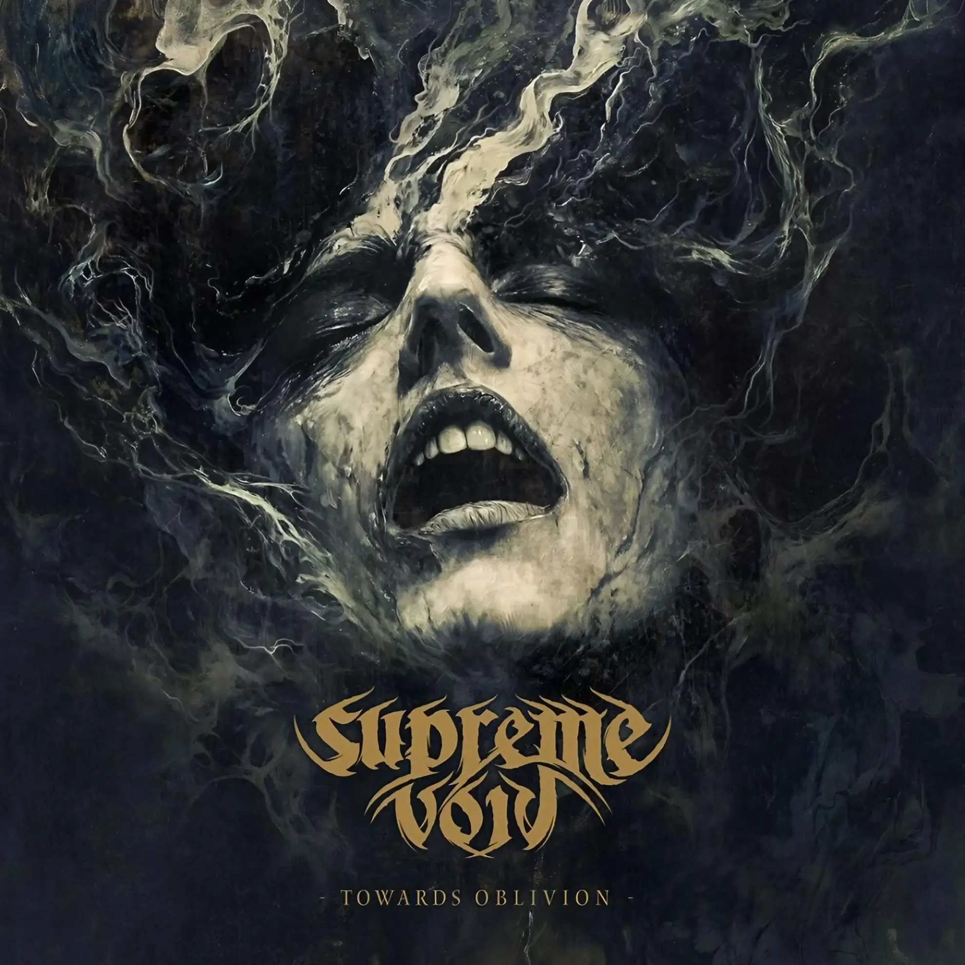 Distorted face screaming in anguish, engulfed in swirling smoke-like textures; cover art for Supreme Void’s ‘Towards Oblivion.’