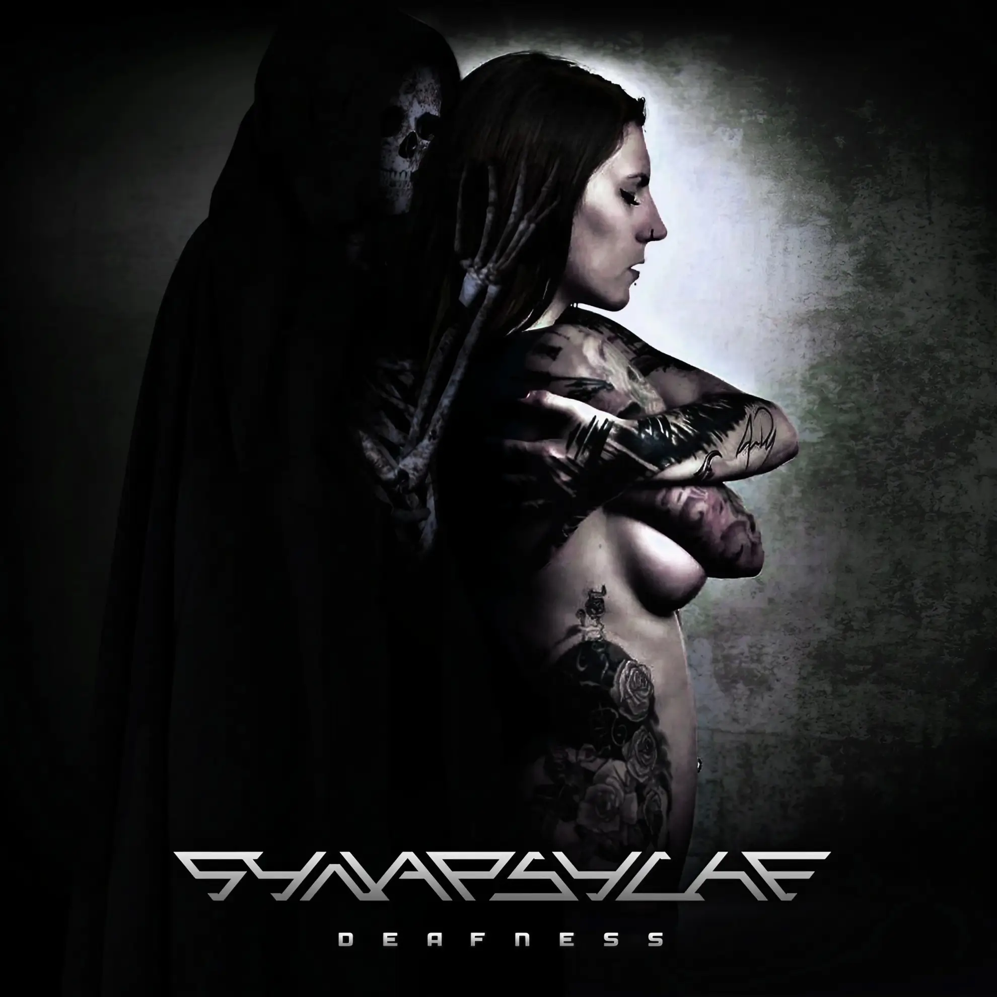 A cloaked skeleton figure stands behind a tattooed woman in profile, highlighting Synapsyche’s ‘Deafness’ EP cover.