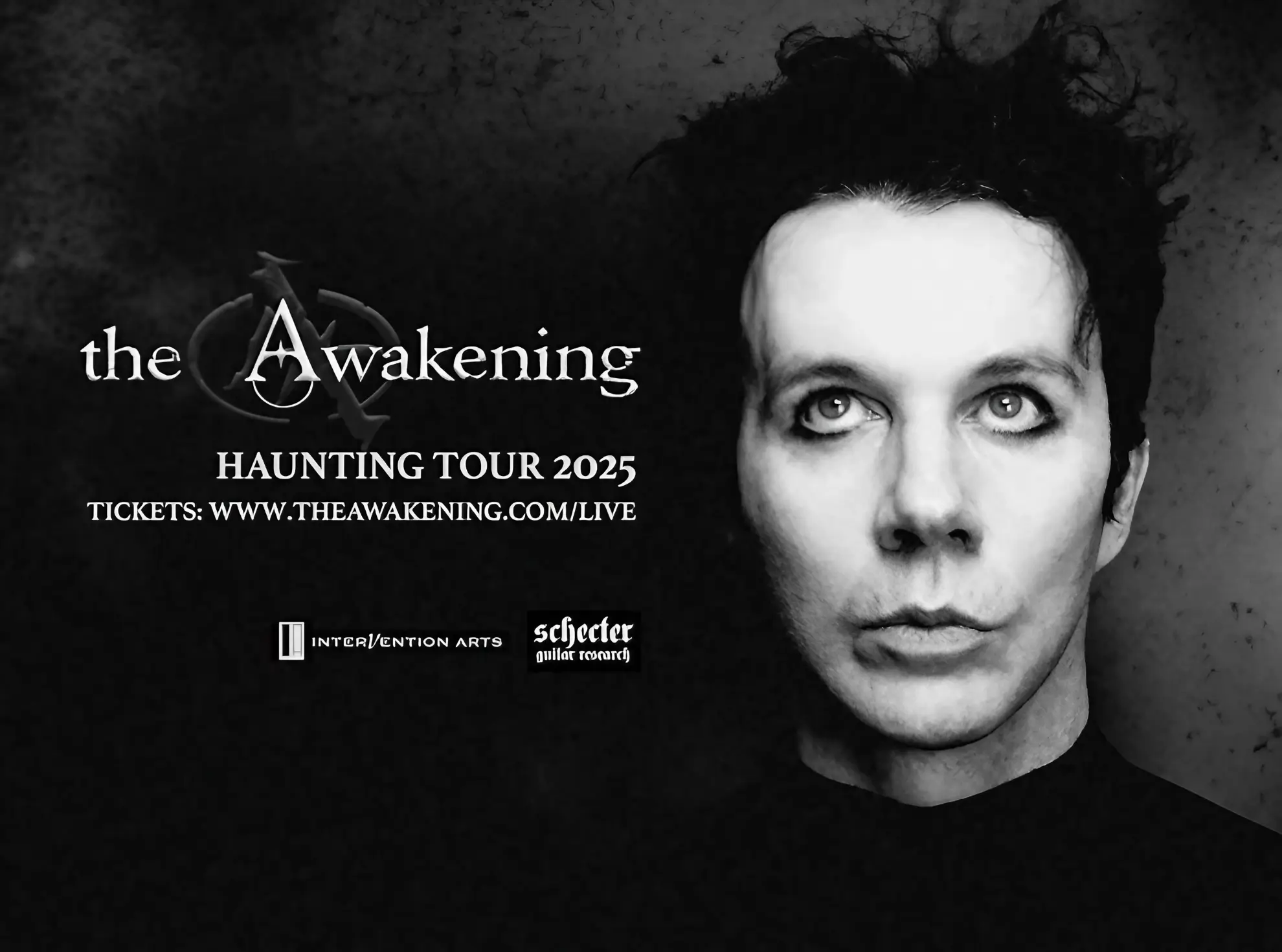 Black-and-white poster for The Awakening’s Haunting Tour 2025 featuring Ashton Nyte’s face and tour website link.