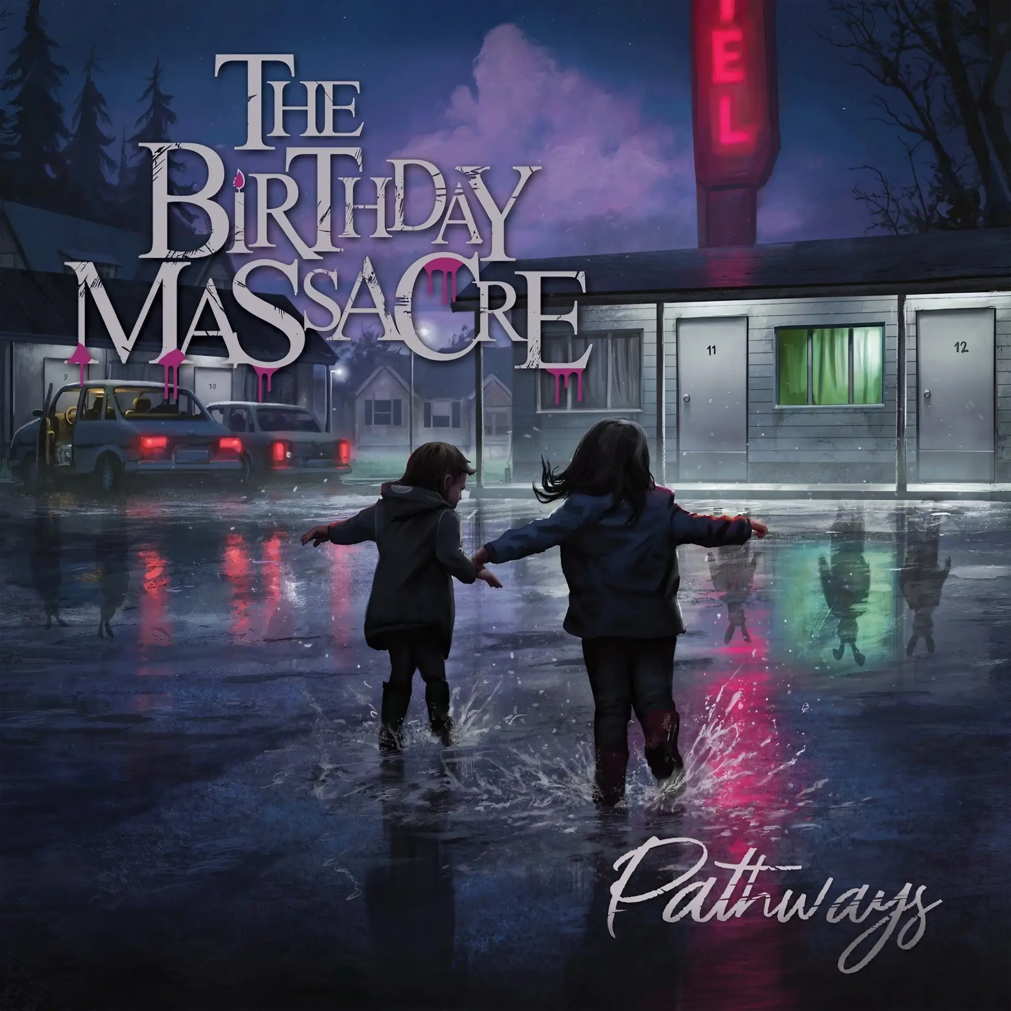 Cover art for The Birthday Massacre’s album ‘Pathways,’ featuring two children holding hands and running through a rain-soaked motel parking lot under a night sky.