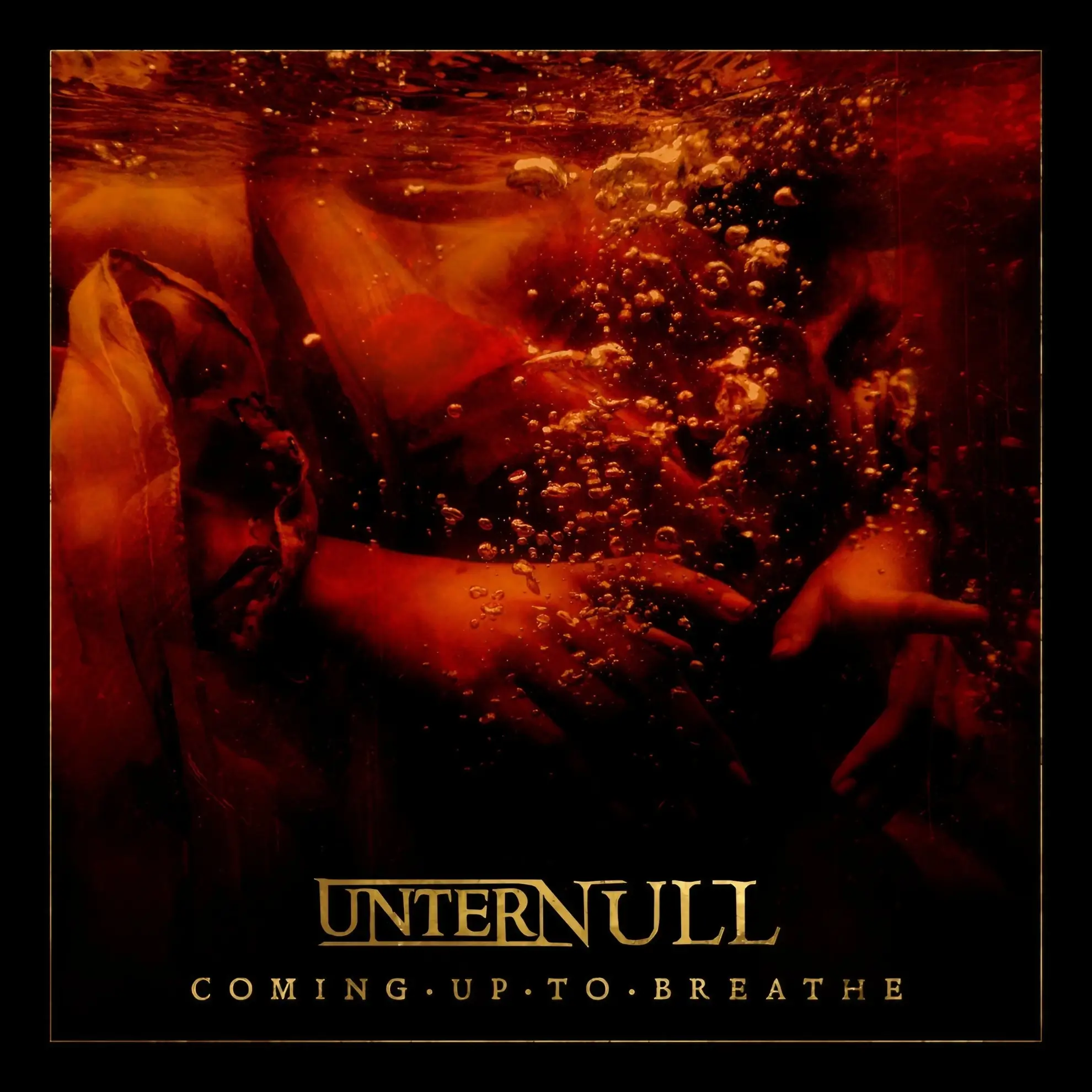 Cover art for Unter Null’s single ‘Coming Up To Breathe,’ depicting a submerged figure underwater surrounded by red and amber tones and air bubbles.