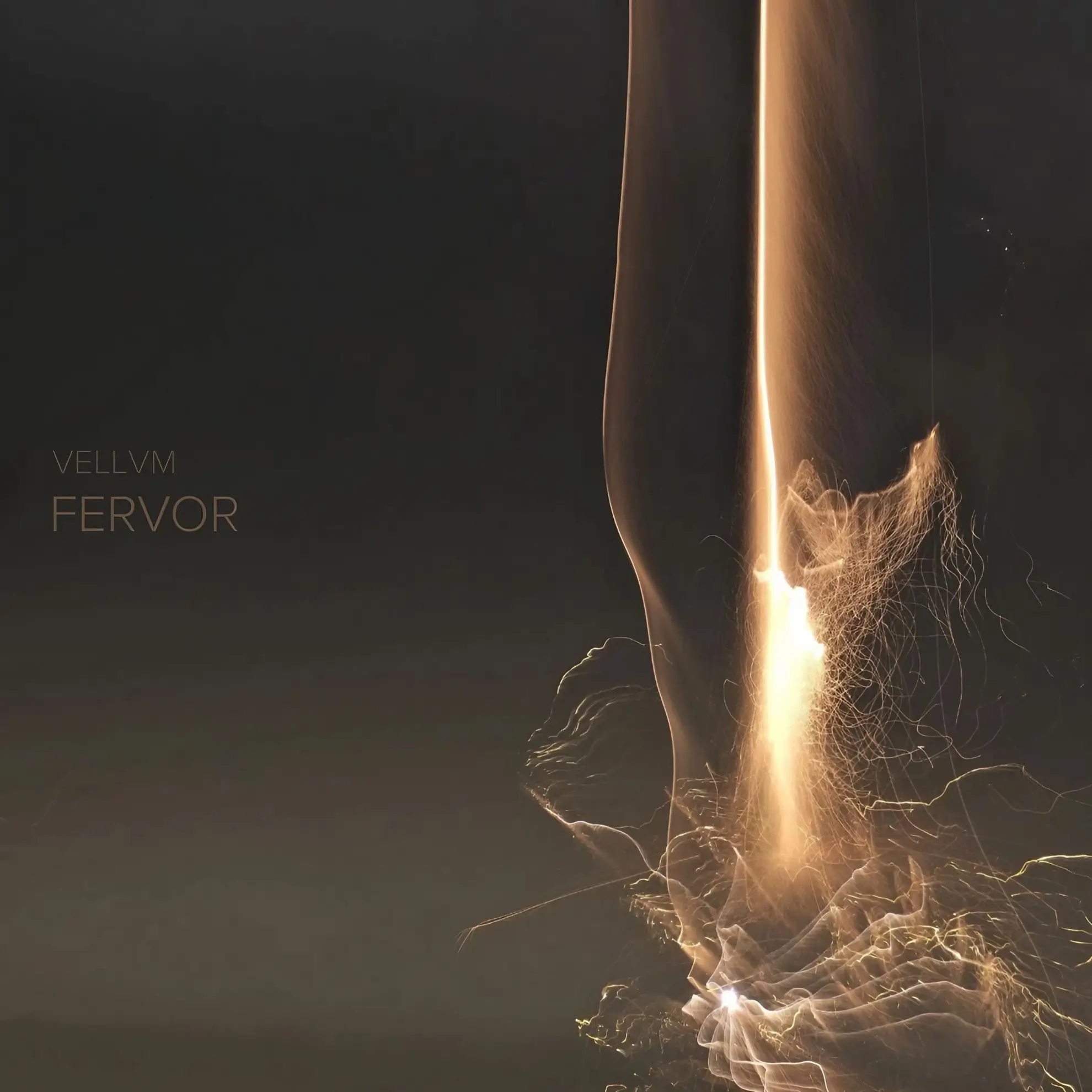 Cover of VELLVM’s Fervor shows a vertical stream of golden light against a dark background with swirling, abstract textures.