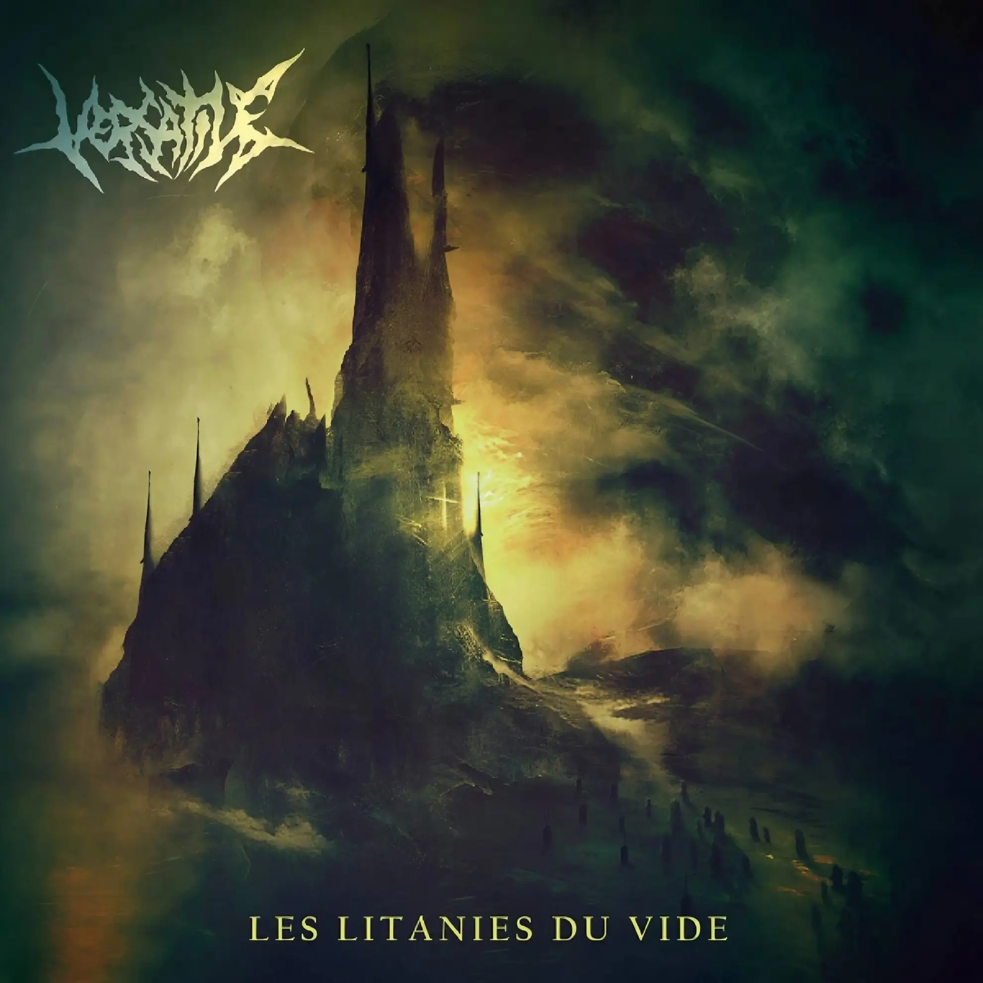 Dark, towering gothic structure surrounded by mist and green-yellow skies, featured on Versatile’s album ‘Les Litanies du Vide.’