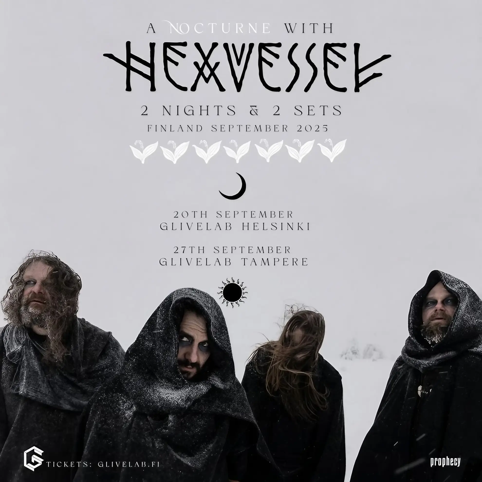 Snow-covered band members below large black serif text reading “Hexvessel”; moon and sun symbols separate Helsinki and Tampere concert dates.