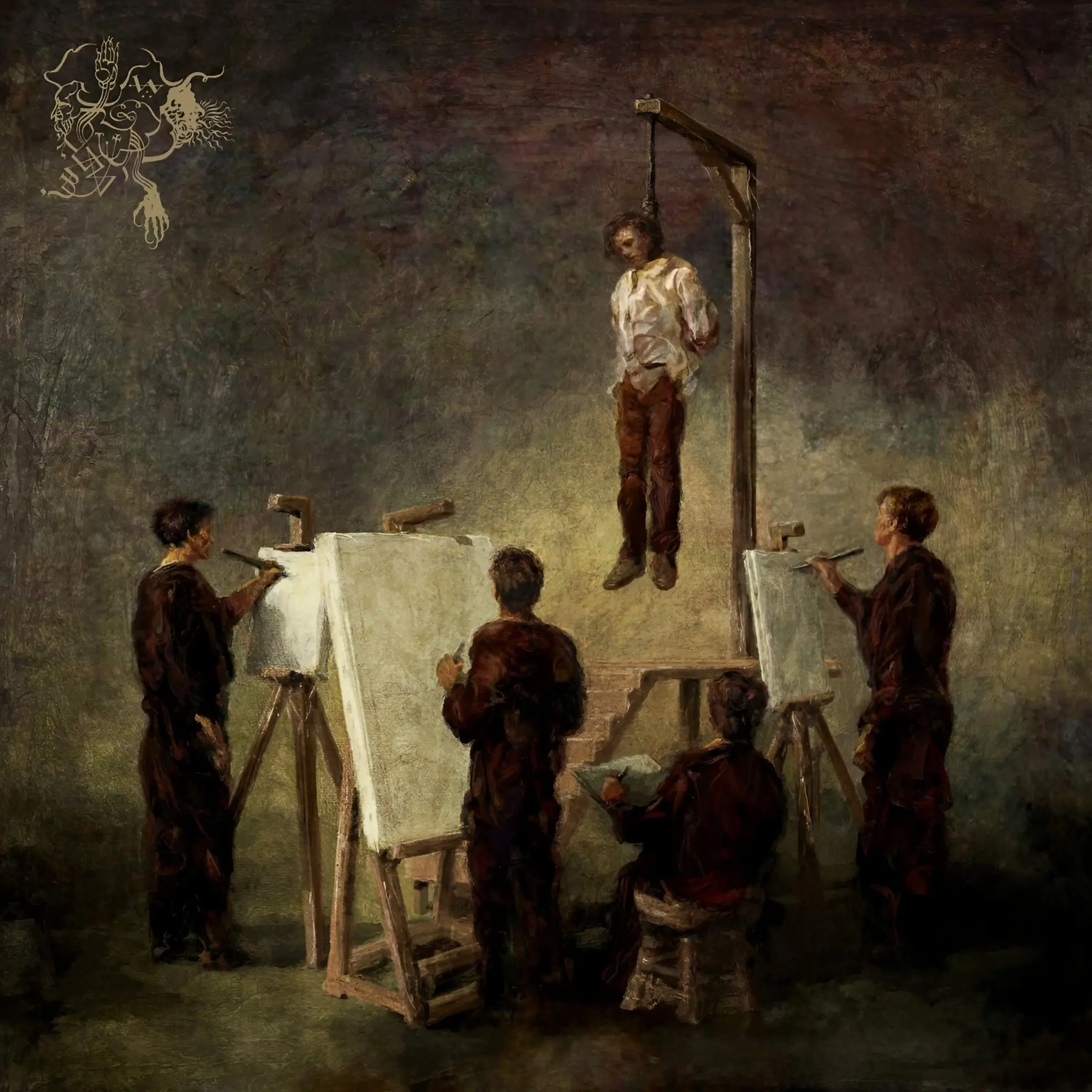 A man hangs from a gallows while four artists in dark clothing paint him from easels; cover of ‘A Void Within Existence.’