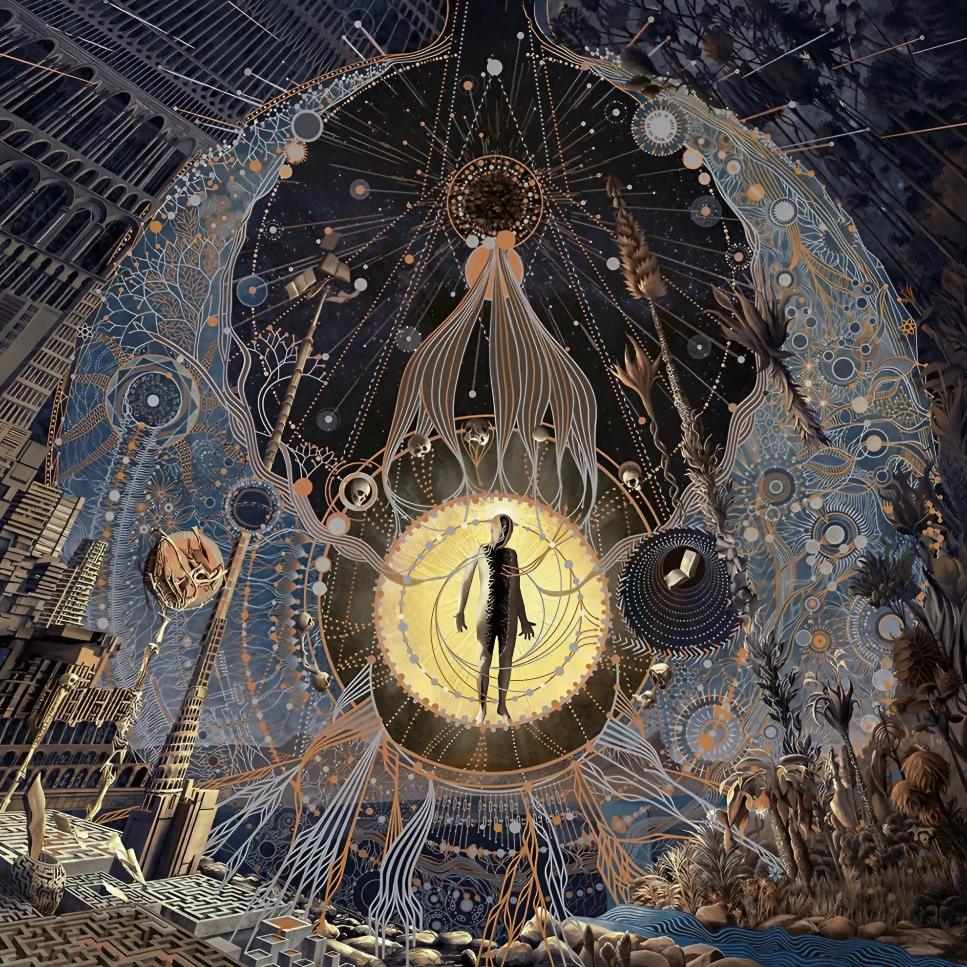 Abstract artwork for ‘The Regeneration Itinerary’ featuring a silhouetted figure in a glowing circle amid intricate cosmic patterns.