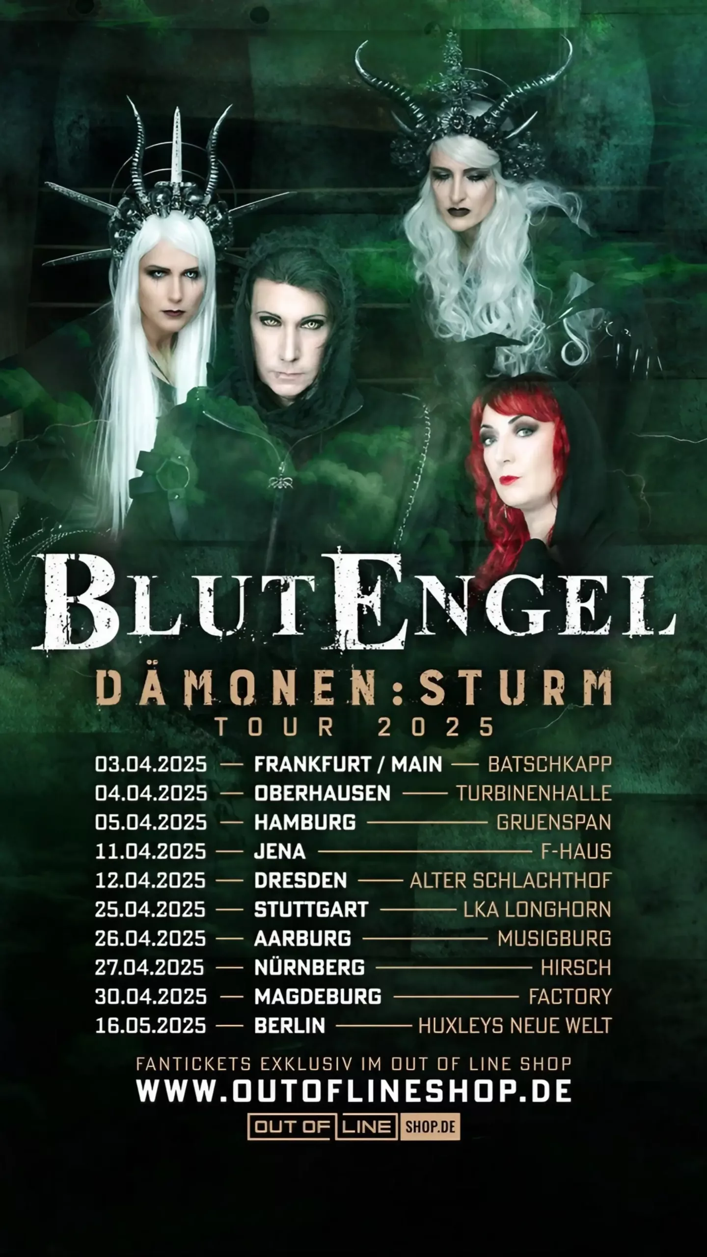 Dark green poster with gothic imagery and four costumed figures above bold ‘Blutengel: Dämonen:Sturm Tour 2025’ typography and tour dates.