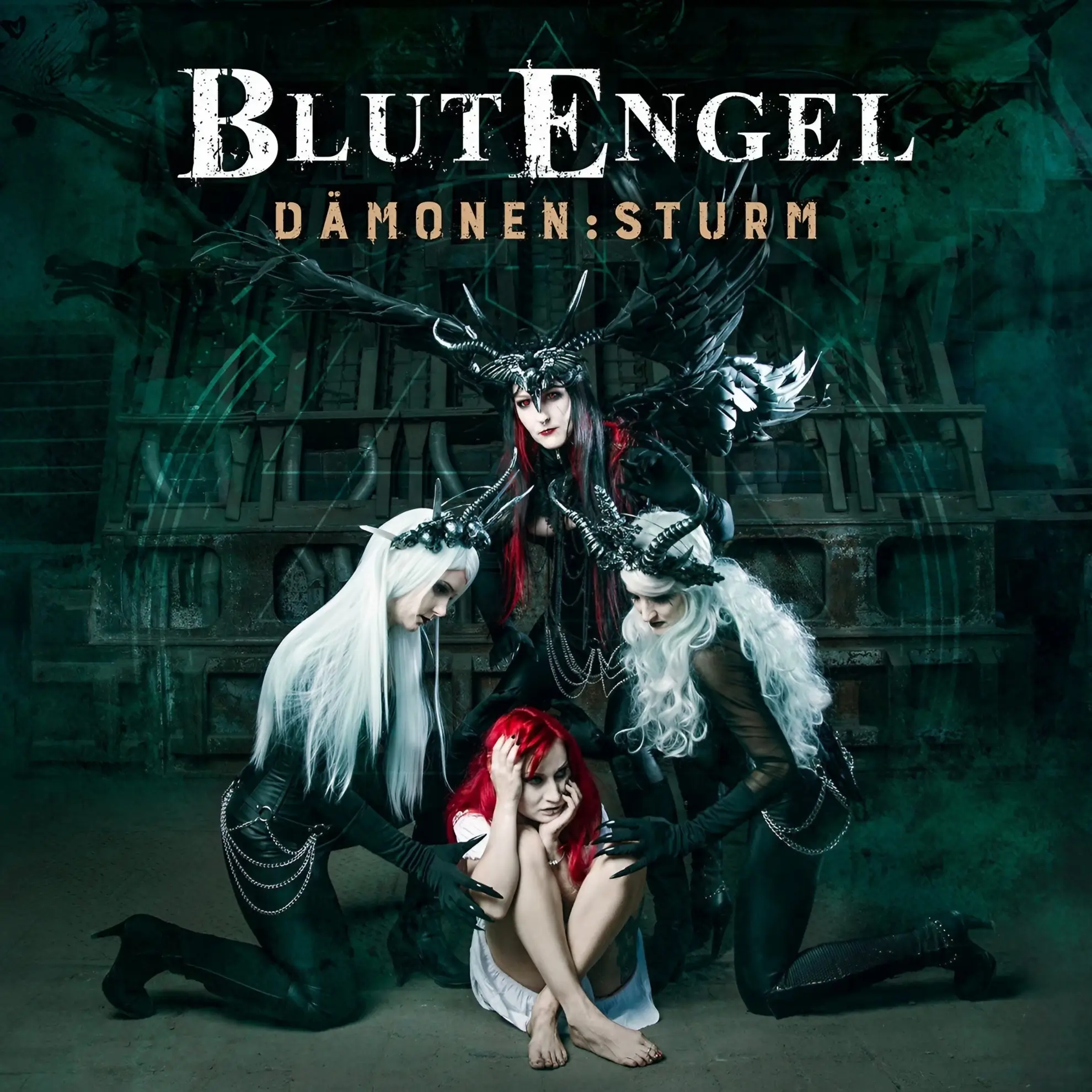 Tree horned figures in black surround a barefoot woman with red hair in white, set against a dark industrial background.