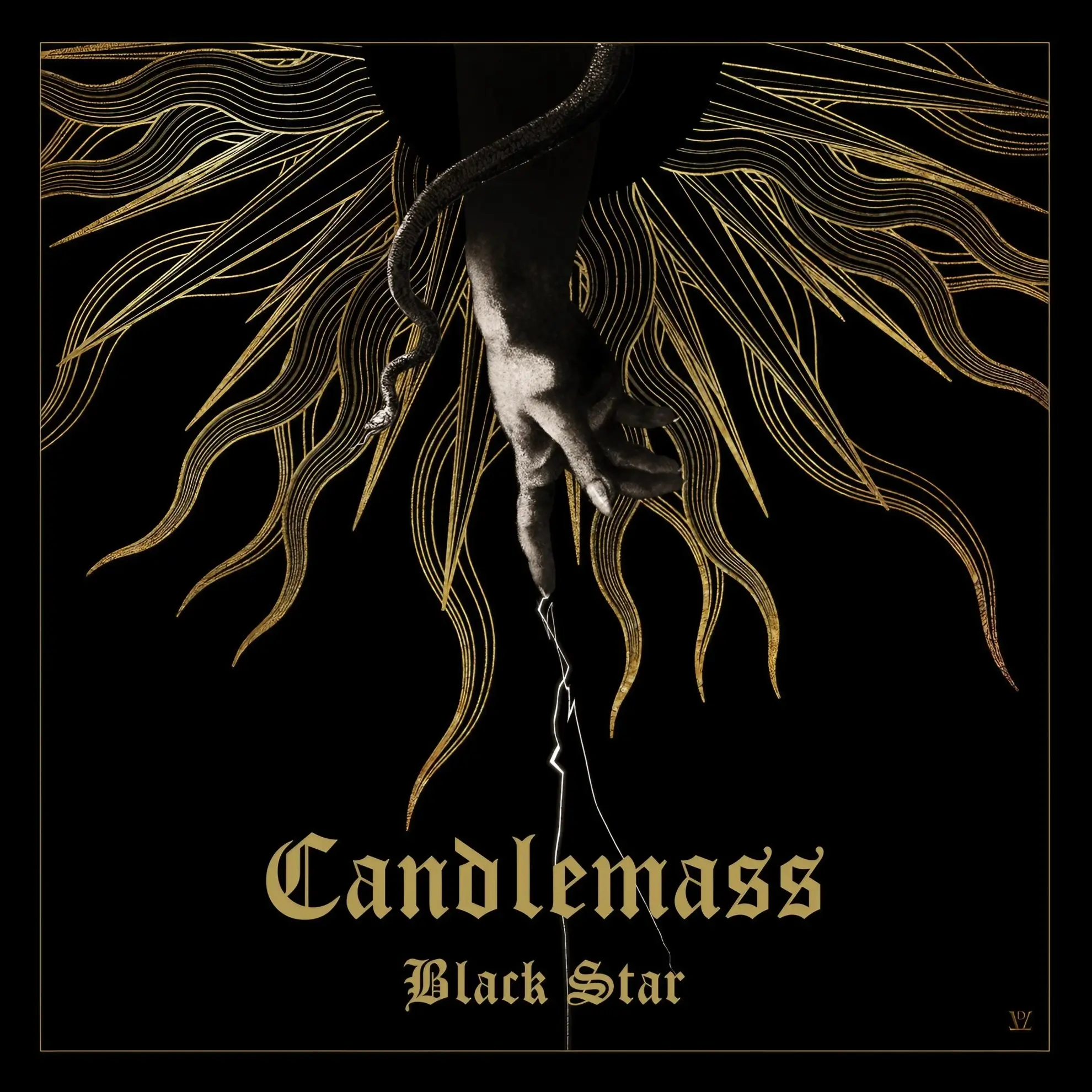 A hand entwined by a serpent points downward over gold and black sunburst lines on the cover of ‘Black Star’ by Candlemass.
