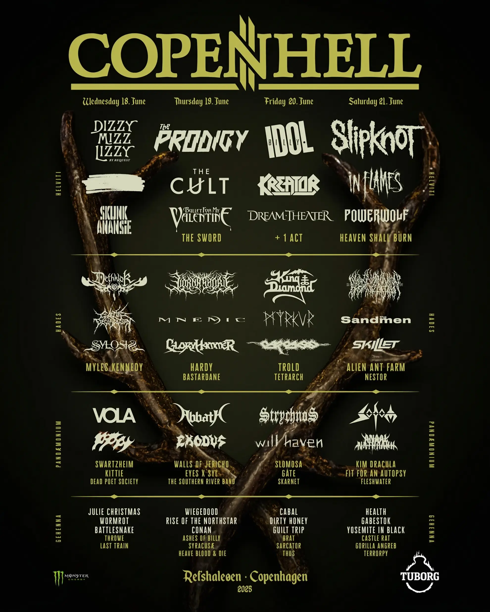 Dark poster with antlered logo, sharp yellow typography, and large headliners including Slipknot, The Prodigy, and King Diamond.