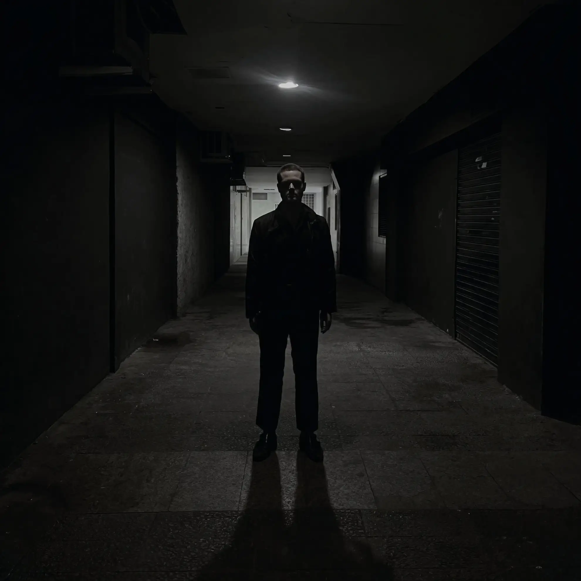 Silhouetted figure standing alone in a dark alley under a ceiling light, casting a long shadow on the empty pavement.