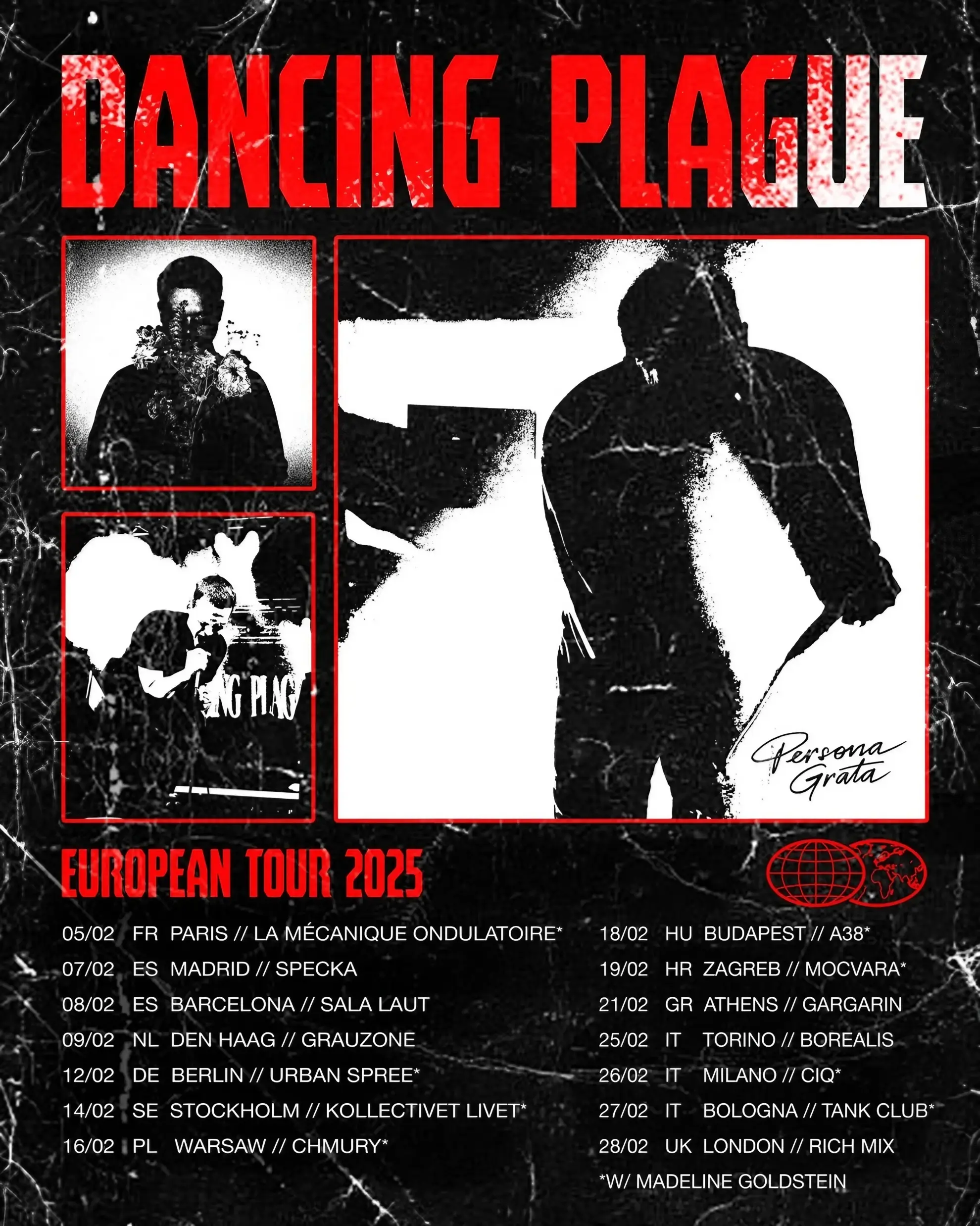 Tour poster for Dancing Plague’s 2025 European Tour with Madeline Goldstein, listing February dates across 10 countries.