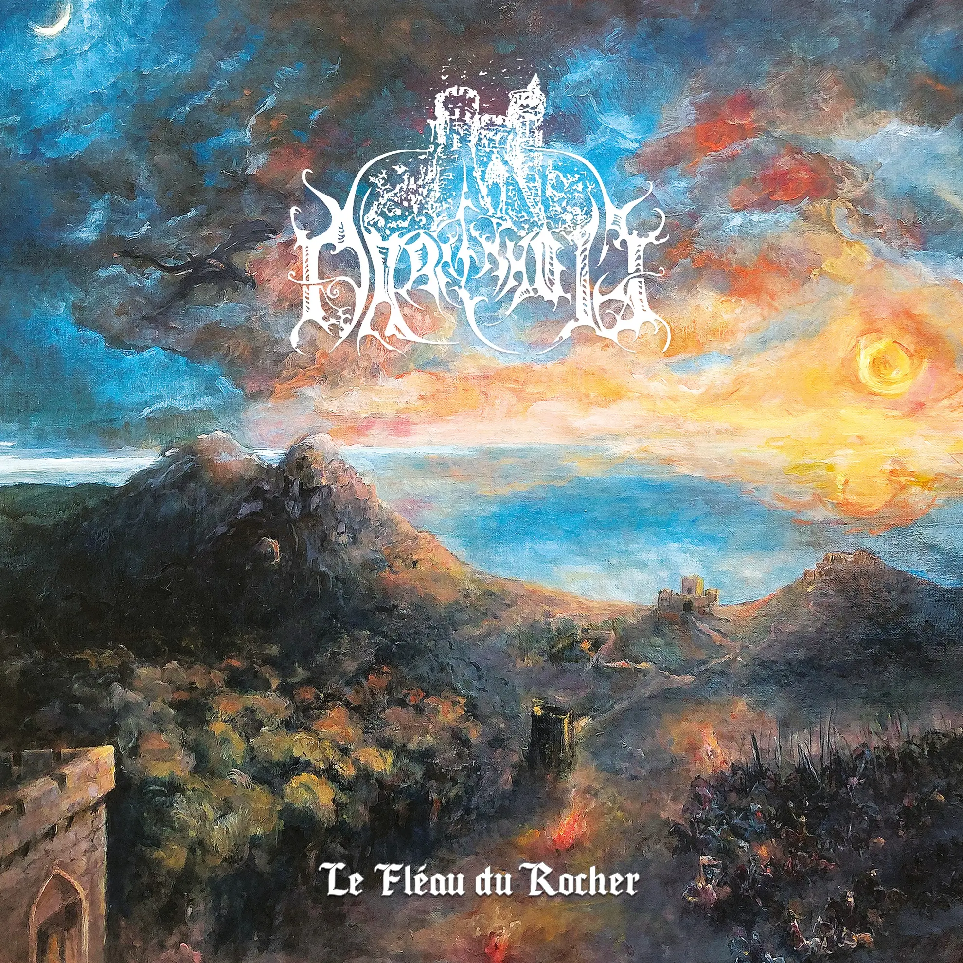 Medieval landscape painting with distant castles, stormy skies, and a glowing sun, for ‘Le Fléau du Rocher’ by French band Darkenhöld.