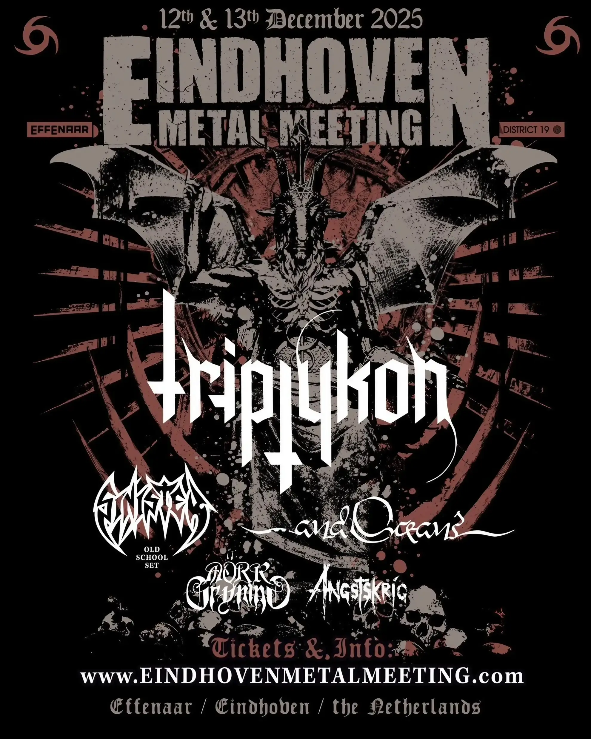 Dark background with distressed textures, skeletal figure with wings at center, bold “Eindhoven Metal Meeting” text above, Triptykon headlining in sharp white font, event dates December 12–13, 2025, in large stylized typography.