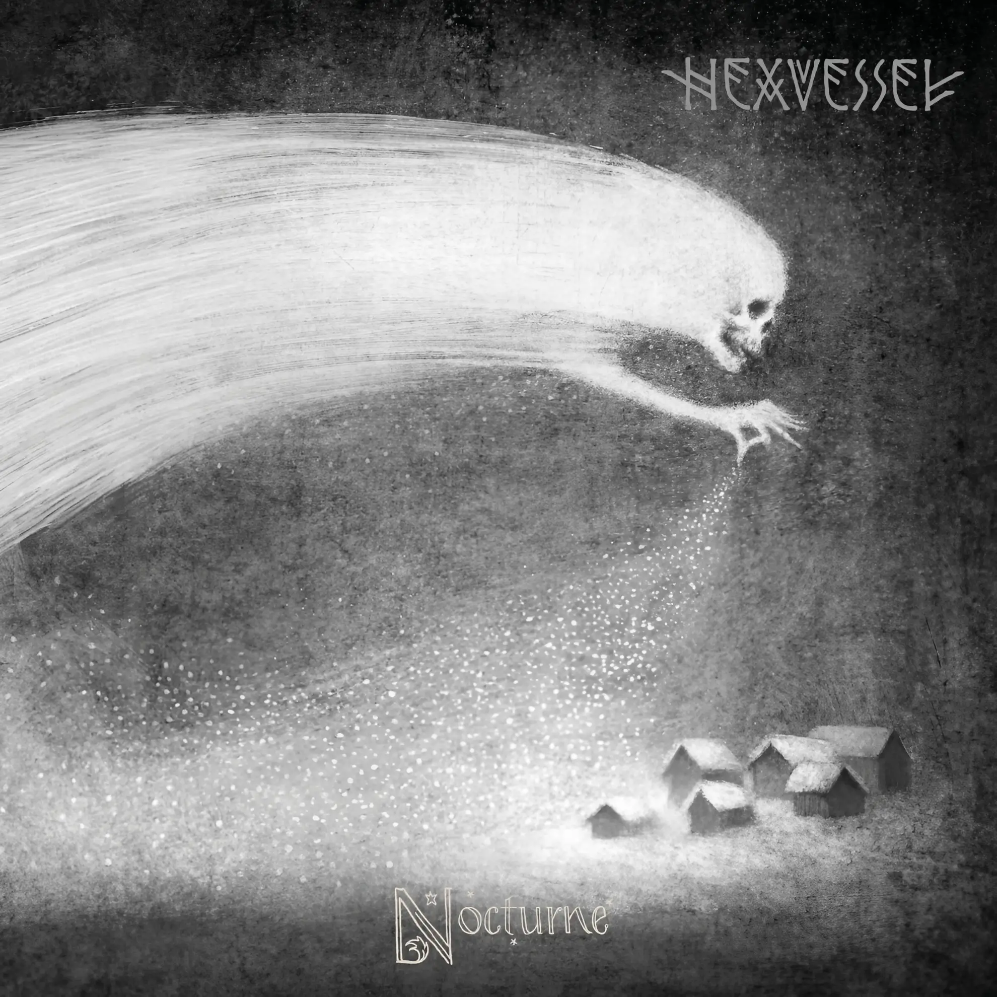White spectral figure with a skull dispersing particles over small houses, on the album artwork for ‘Nocturne’ by Finnish band Hexvessel.