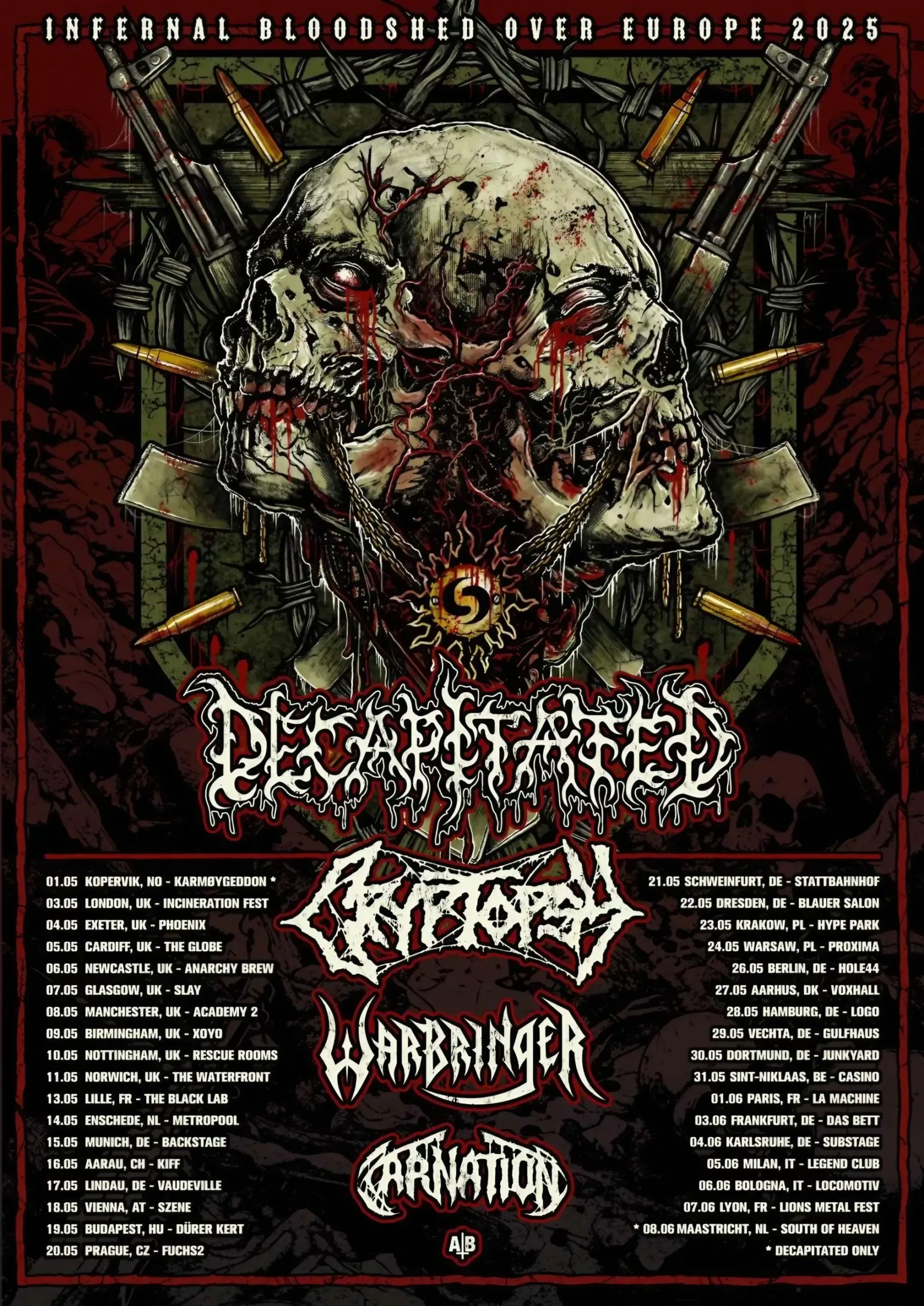 Illustrated poster for Infernal Bloodshed Over Europe 2025 with blood-soaked skulls, barbed wire, and large logos for Decapitated, Cryptopsy, Warbringer, and Carnation above tour dates in distressed red and white text.