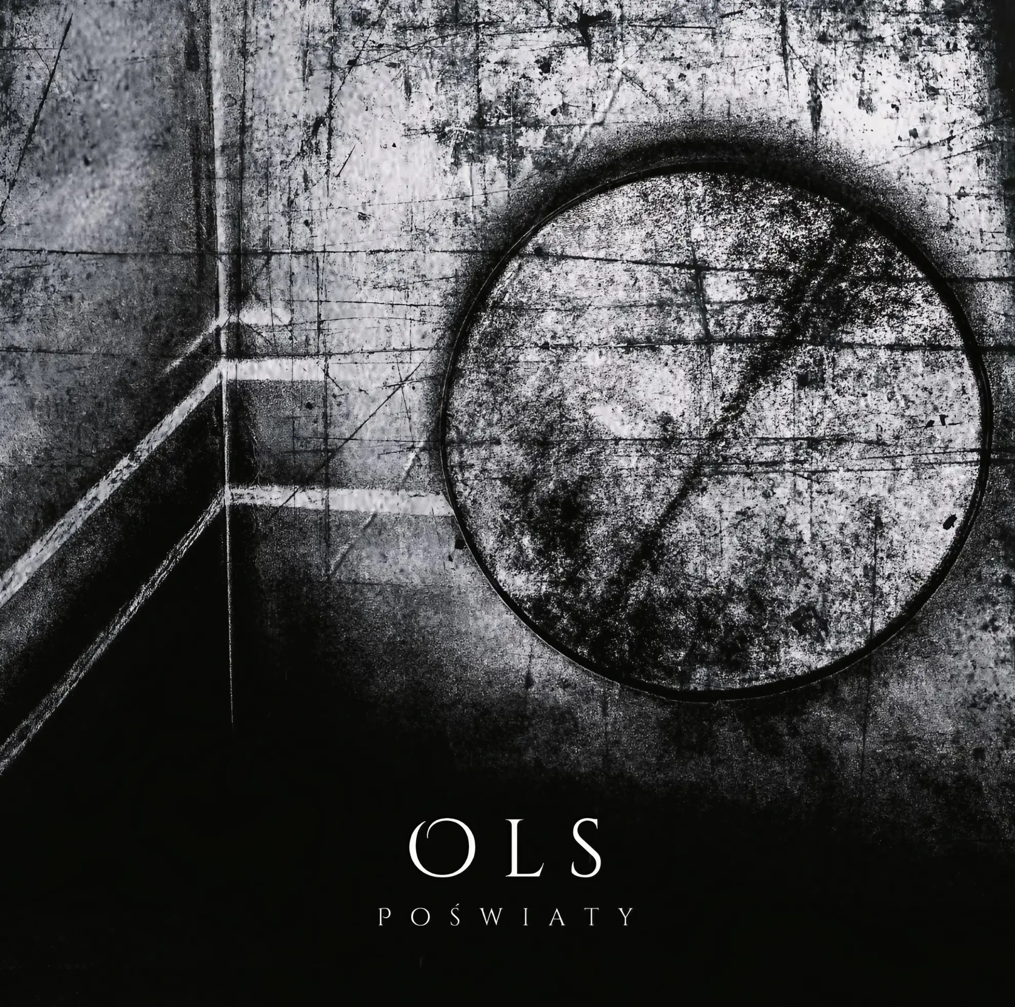 Black and white abstract artwork featuring a large textured circle and intersecting lines, with ‘Poświaty’ by Ols at the bottom.