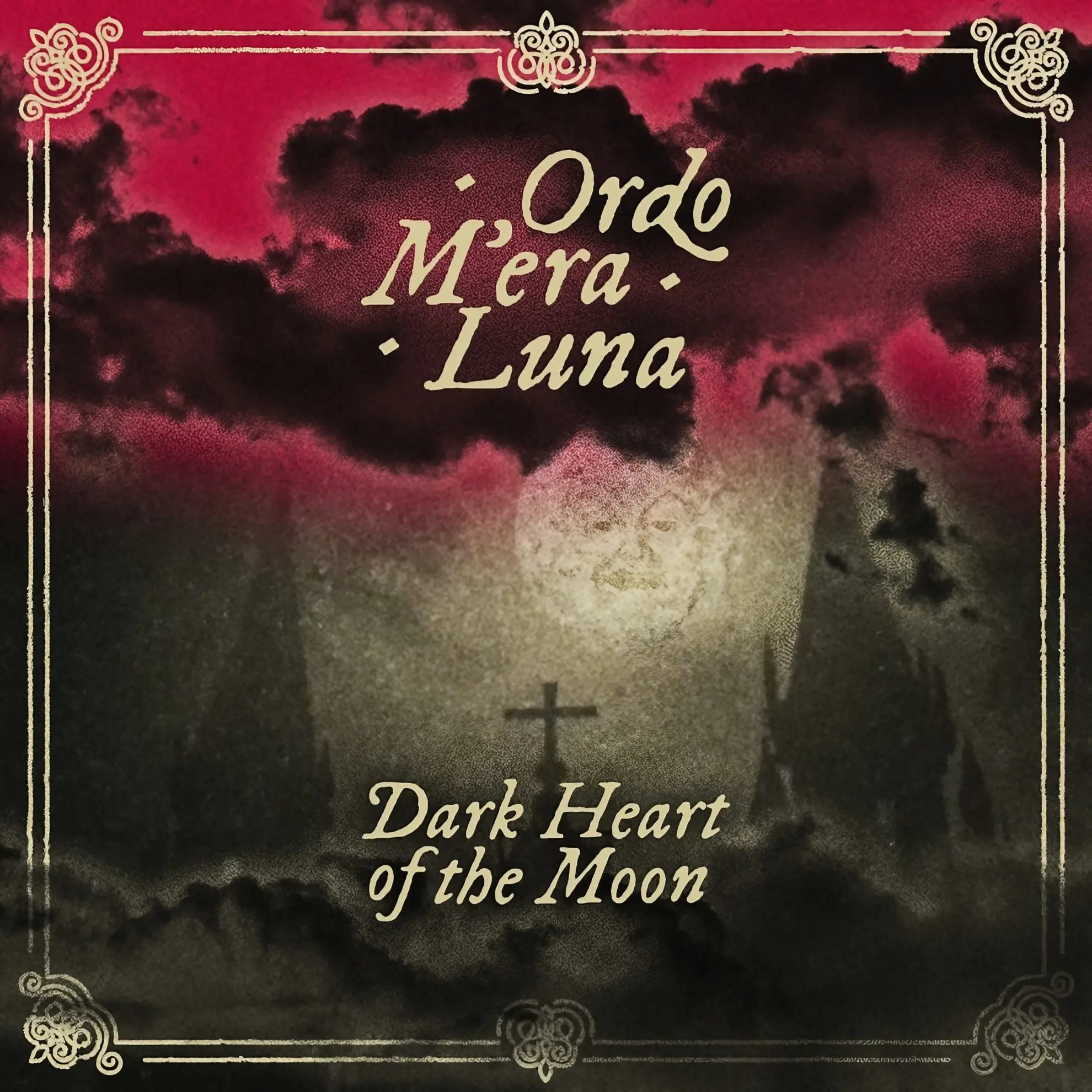 Dark-toned cover for ‘Dark Heart Of The Moon’ with gothic lettering, a cross silhouette, and red-black clouded sky.