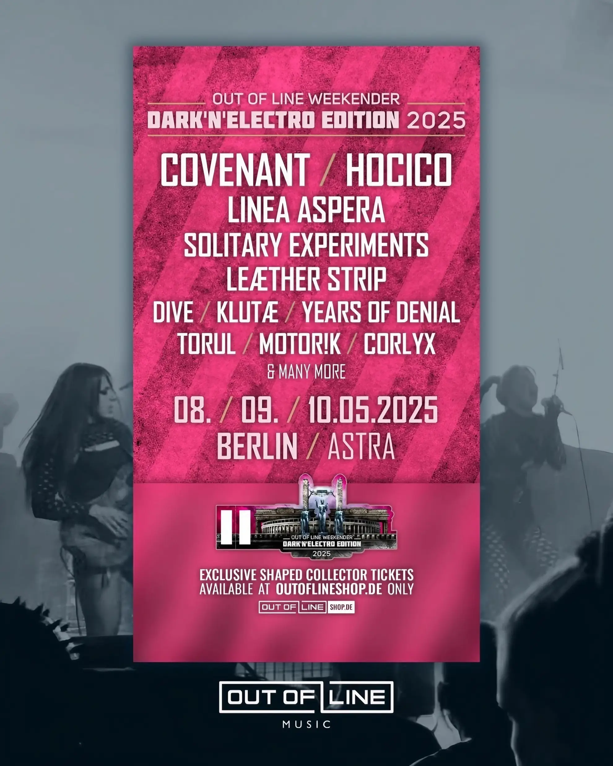 Promotional poster for Out of Line Weekender 2025 featuring Covenant, Hocico, and other dark electronic acts.