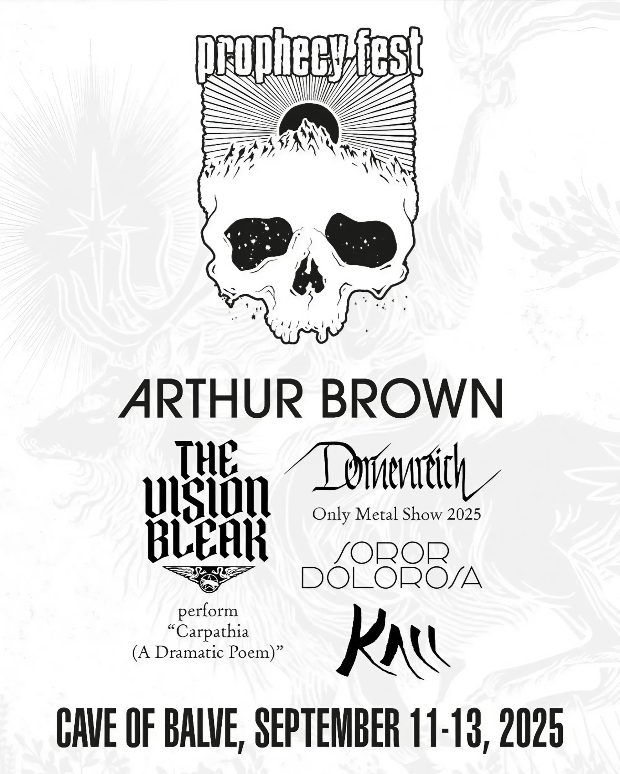 Black-and-white poster with skull artwork and bold text featuring Arthur Brown, The Vision Bleak, and event dates.