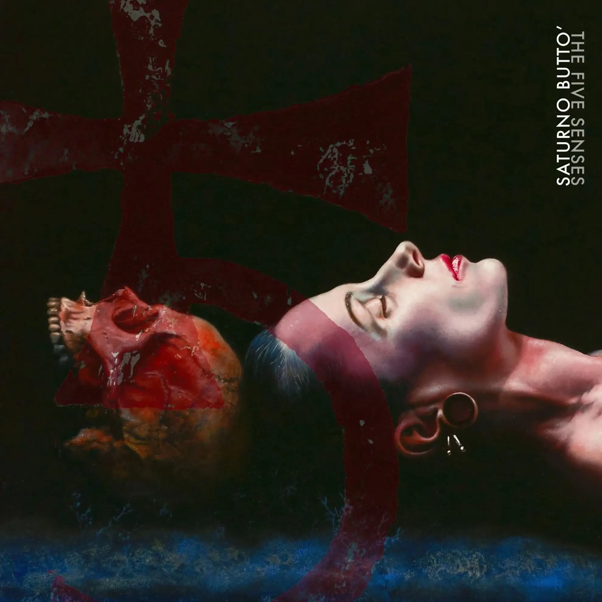 A hyperrealist painting of a woman’s head lying sideways beside a red skull, with dark tones and red abstract symbols.