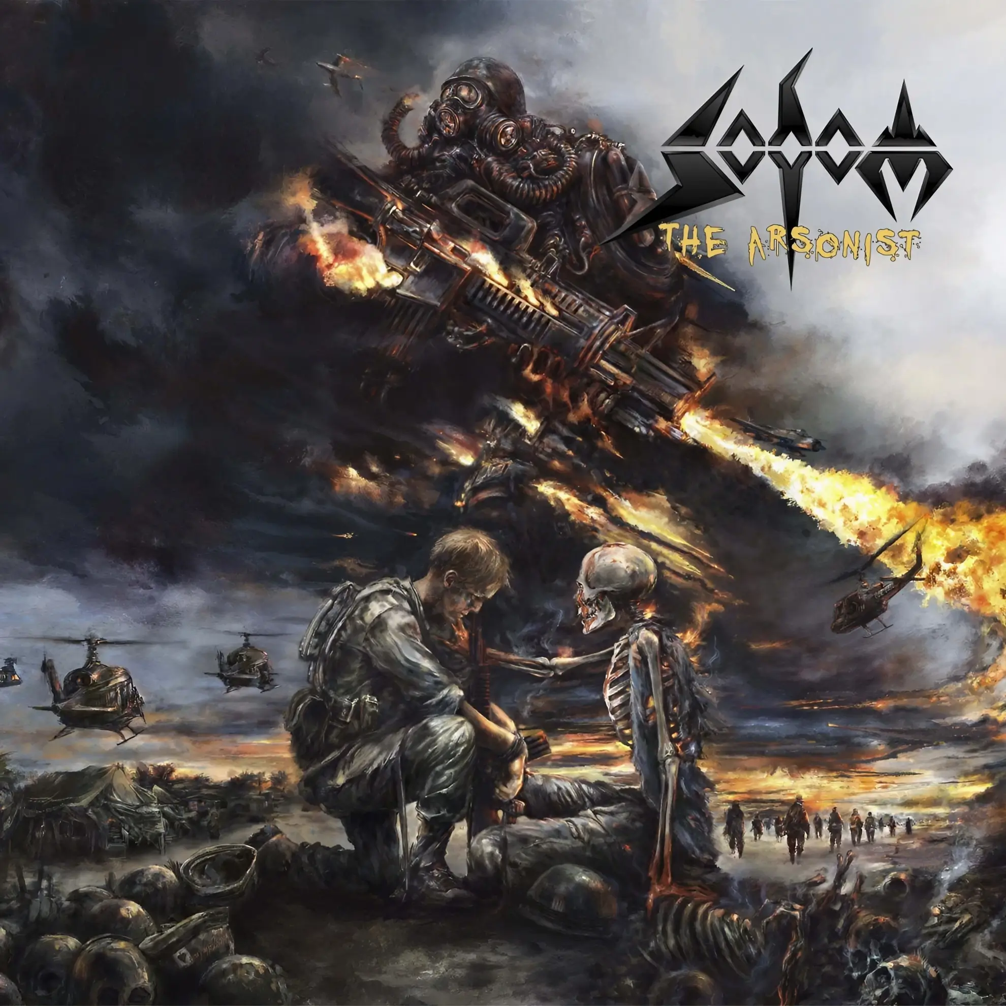 A kneeling soldier faces a skeleton in a war-torn landscape with helicopters and flames in Sodom’s ‘The Arsonist’ artwork.