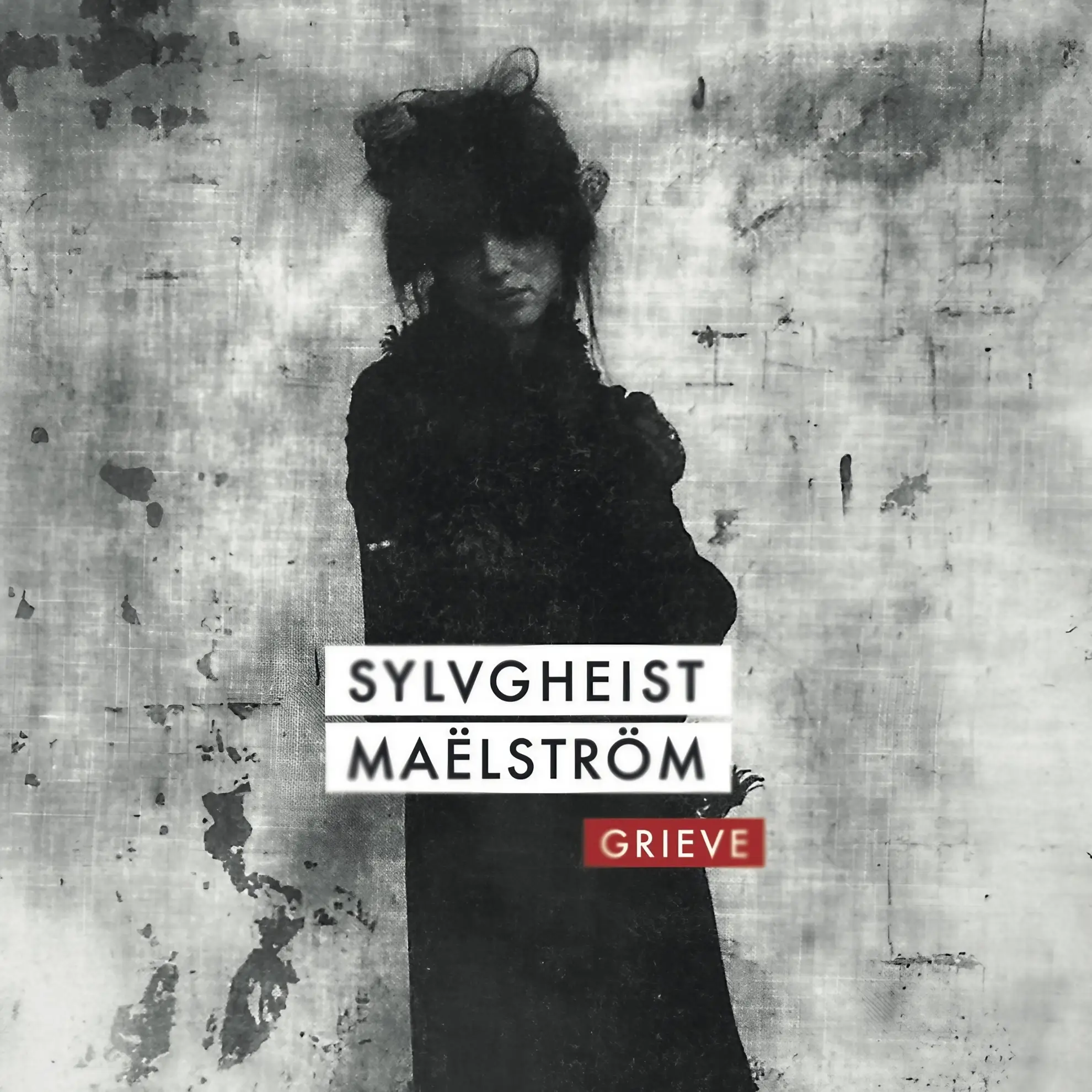 Black-and-white cover of ‘Grieve’ by Sylvgheist Maëlström featuring a blurred figure in dark clothing against a textured wall.