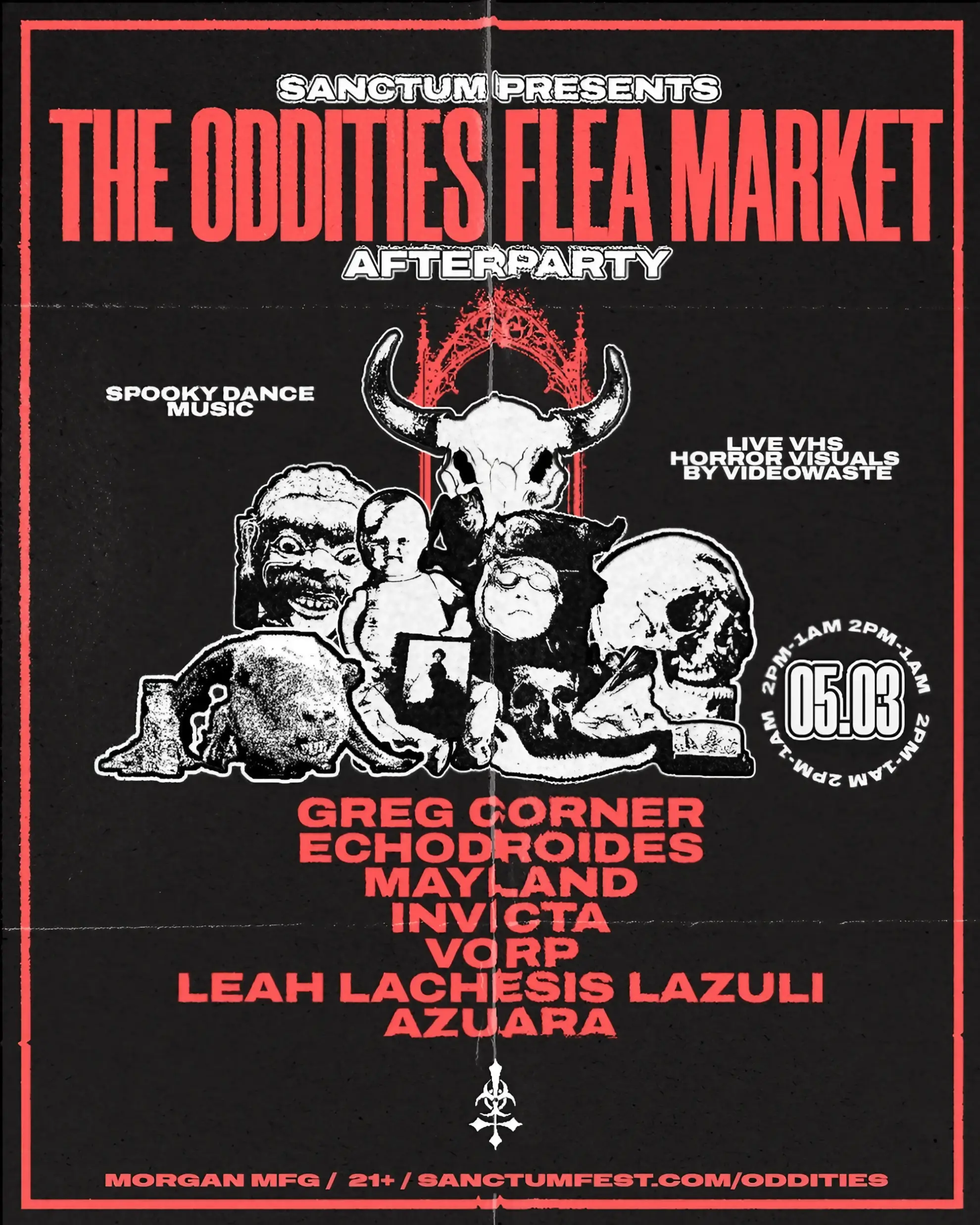 Black and red event poster with skulls, dolls, gothic frame, and bold type for Oddities Flea Market Afterparty, May 3.