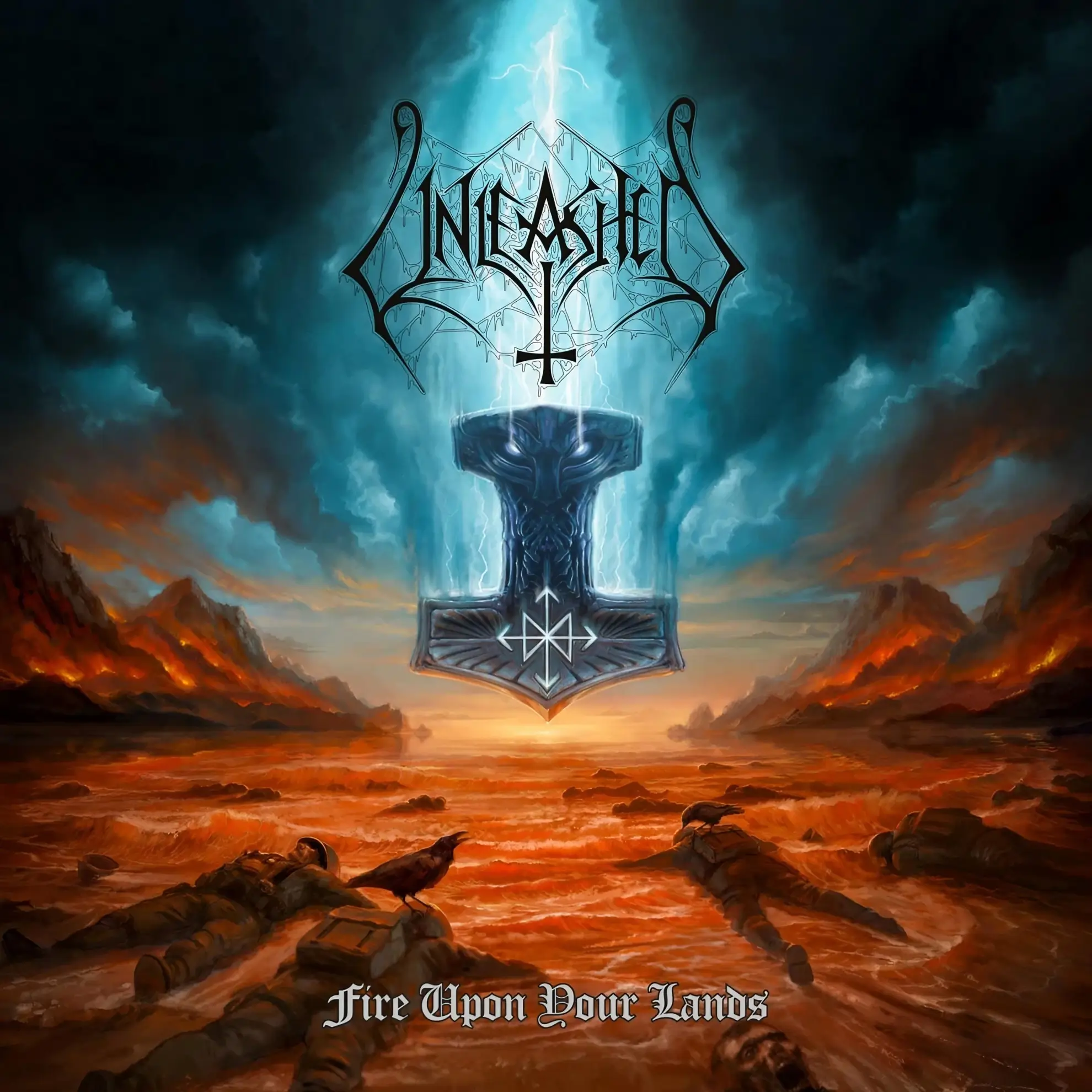 Large hammer with glowing runes over a battlefield of fallen soldiers, smoke and fire in the background; title ‘Fire Upon Your Lands.’