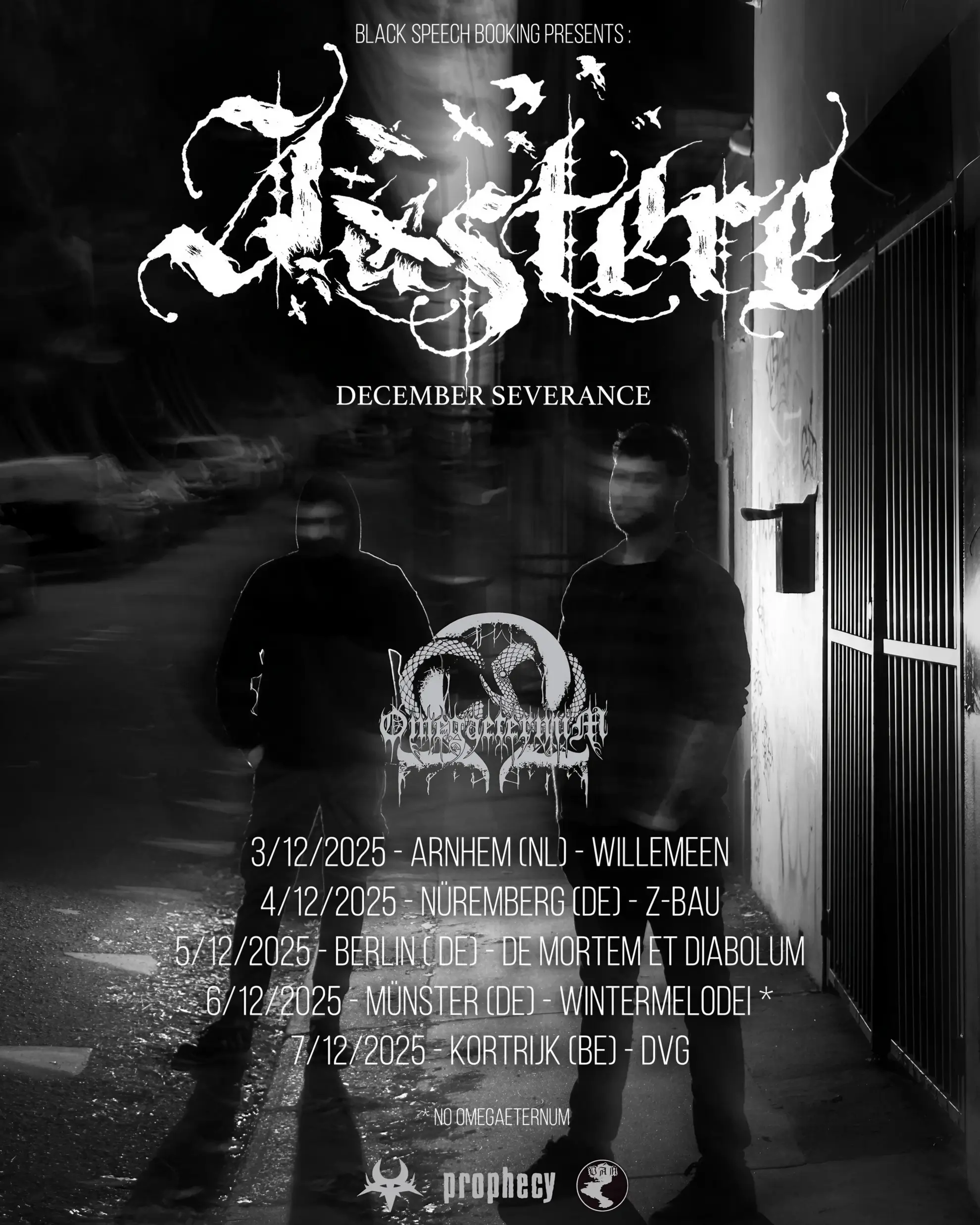 Black-and-white concert poster with blurred figures, Austere’s logo in large distressed type, and December 2025 tour dates listed below.
